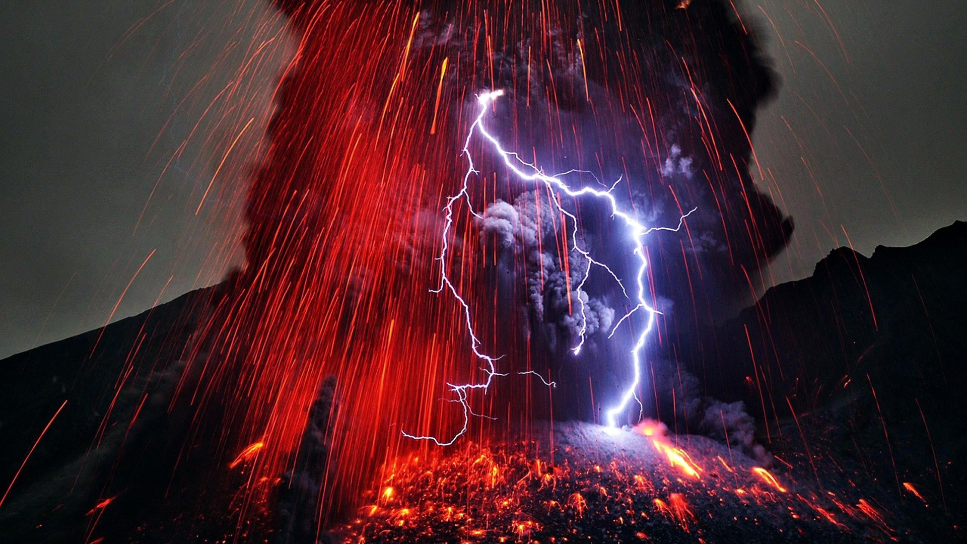 Nature Landscape Volcano Lava Eruption Volcanic Eruption Lightning Long Exposure Smoke Hawaii USA 1920x1080