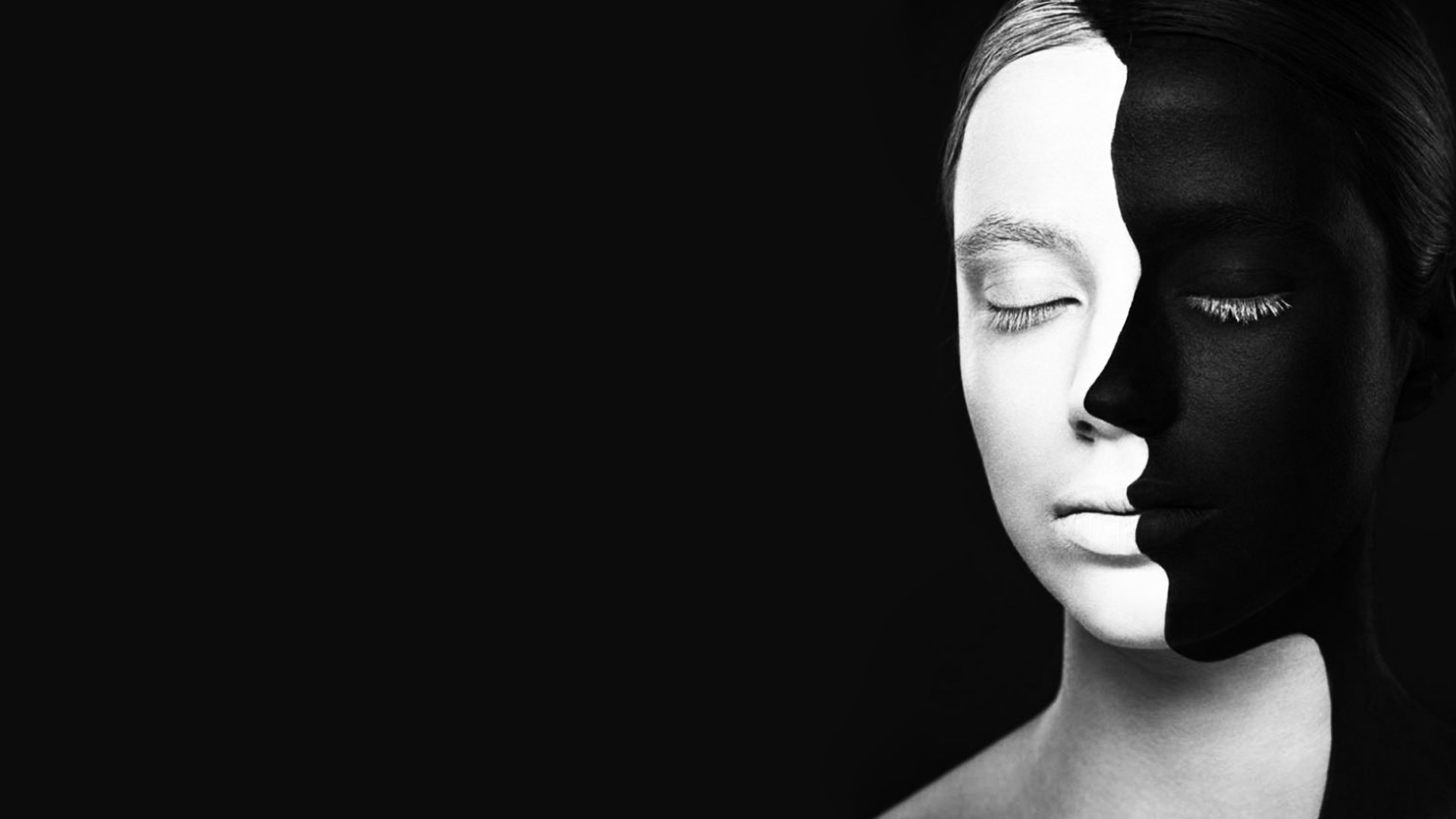 Women Face Black Background Optical Illusion Monochrome Closed Eyes Body Paint Black White 1920x1080