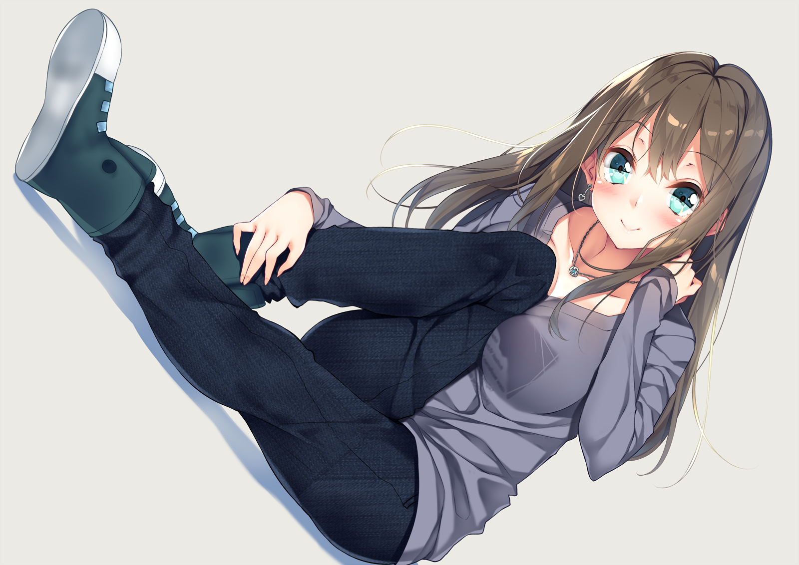 IDOLM STER Cinderella Girls Girl Long Hair Brown Hair Blush Jeans Sneakers Smile Necklace Rin Shibuy 1600x1132