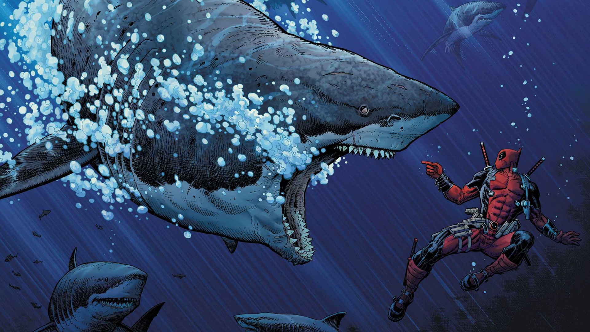 Marvel Comics Shark Animals Deadpool Fantasy Art Bubbles Hero 1920x1080