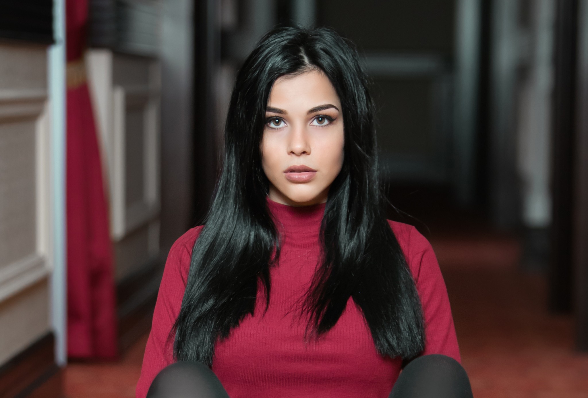 Women Brown Eyes Face Black Hair Portrait Sweater Long Hair Make Up Looking At Viewer Red Sweater Ma 2048x1386