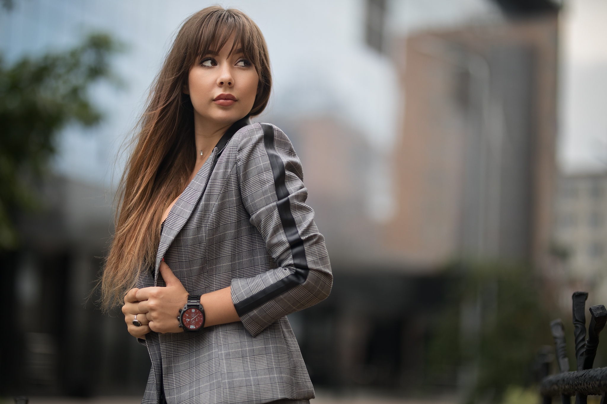 Women Model Brunette Long Hair Brown Eyes Looking Away Necklace Outdoors Coats Watch Depth Of Field  2048x1365