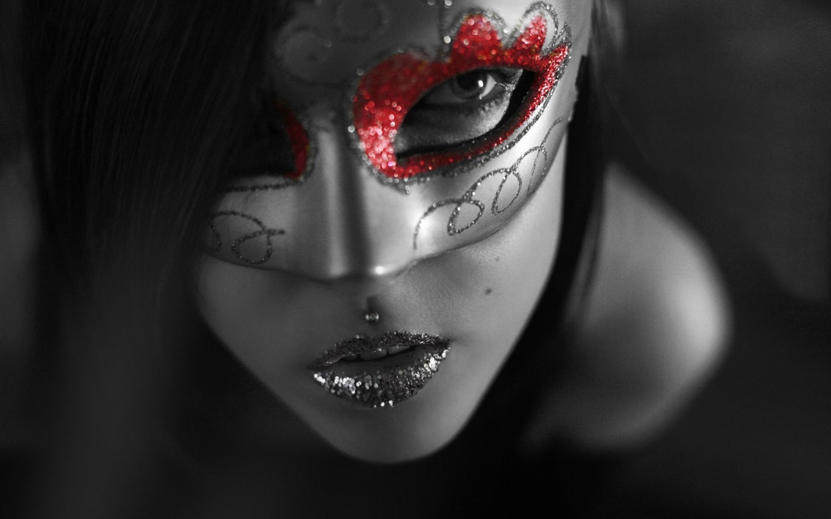 Women Mask Selective Coloring Pierced Looking At Viewer Closeup Dark Hair 1680x1050