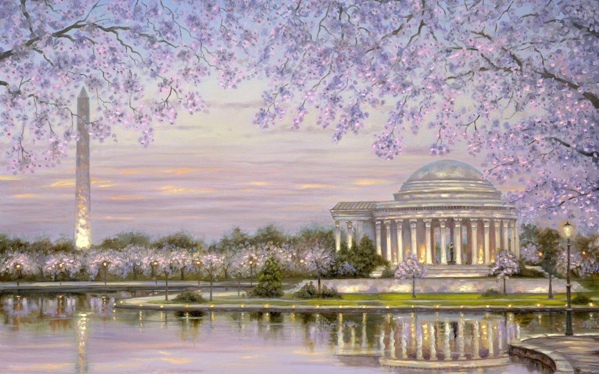 Painting Building River Spring Blossom Washington D C Washington Monument 1920x1200