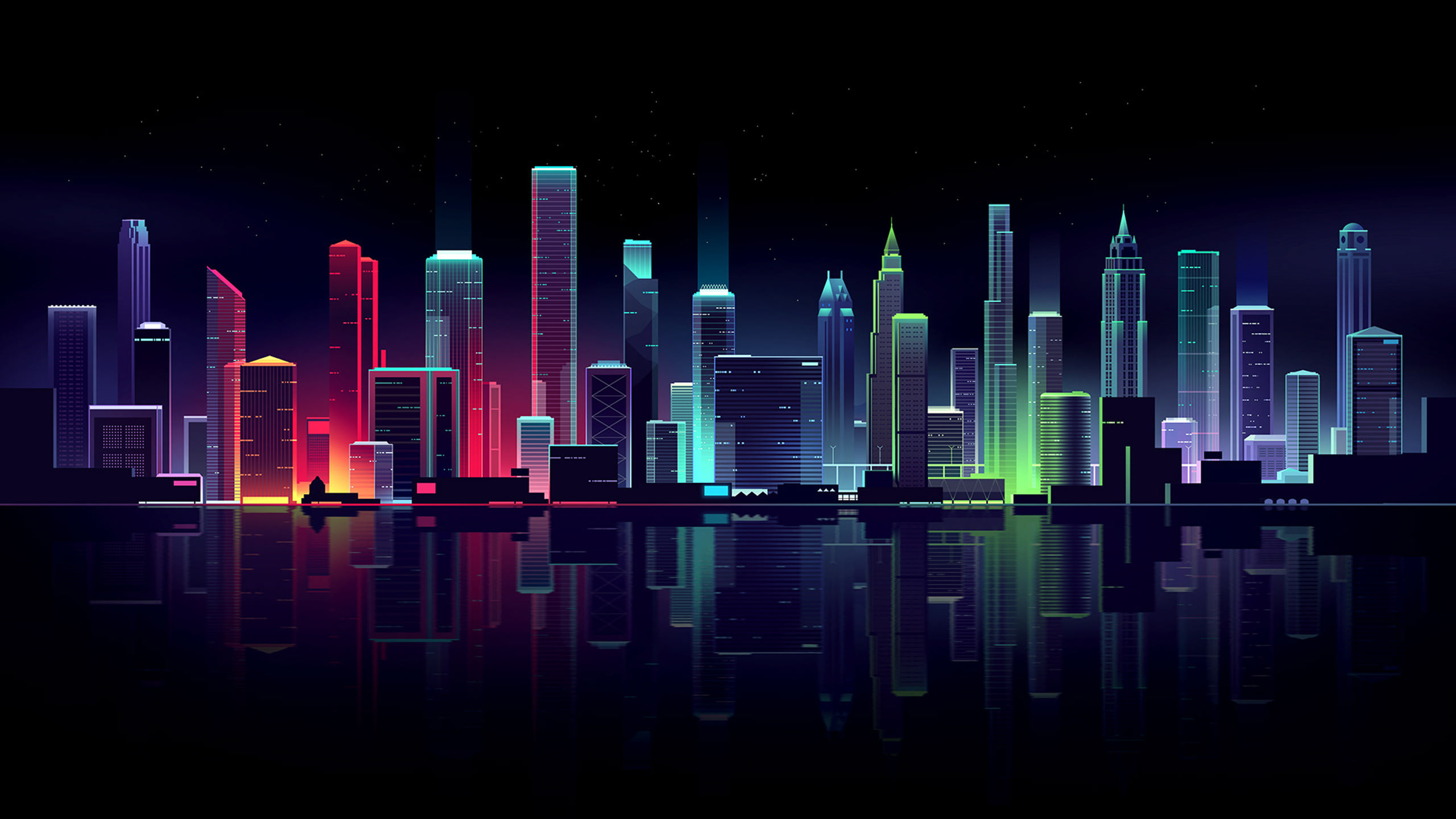 Building Lights Illustration Romain Trystram Cityscape Skyline Colorful Reflection Digital Art Neon  2560x1440