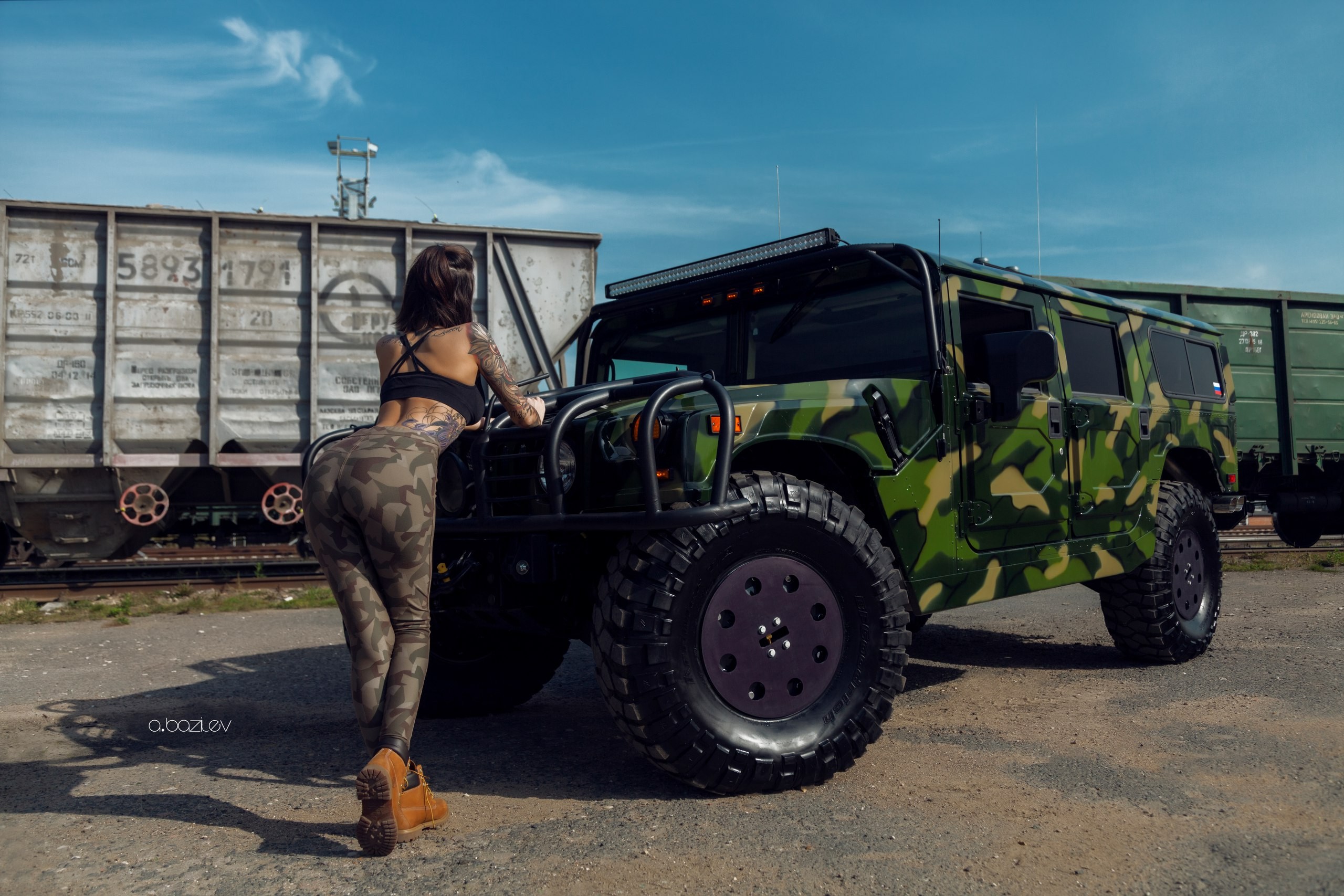 Katerina Kas Women Model Women With Cars Women Outdoors Shoes Camouflage Pants Back Black Tops Tatto 2560x1707