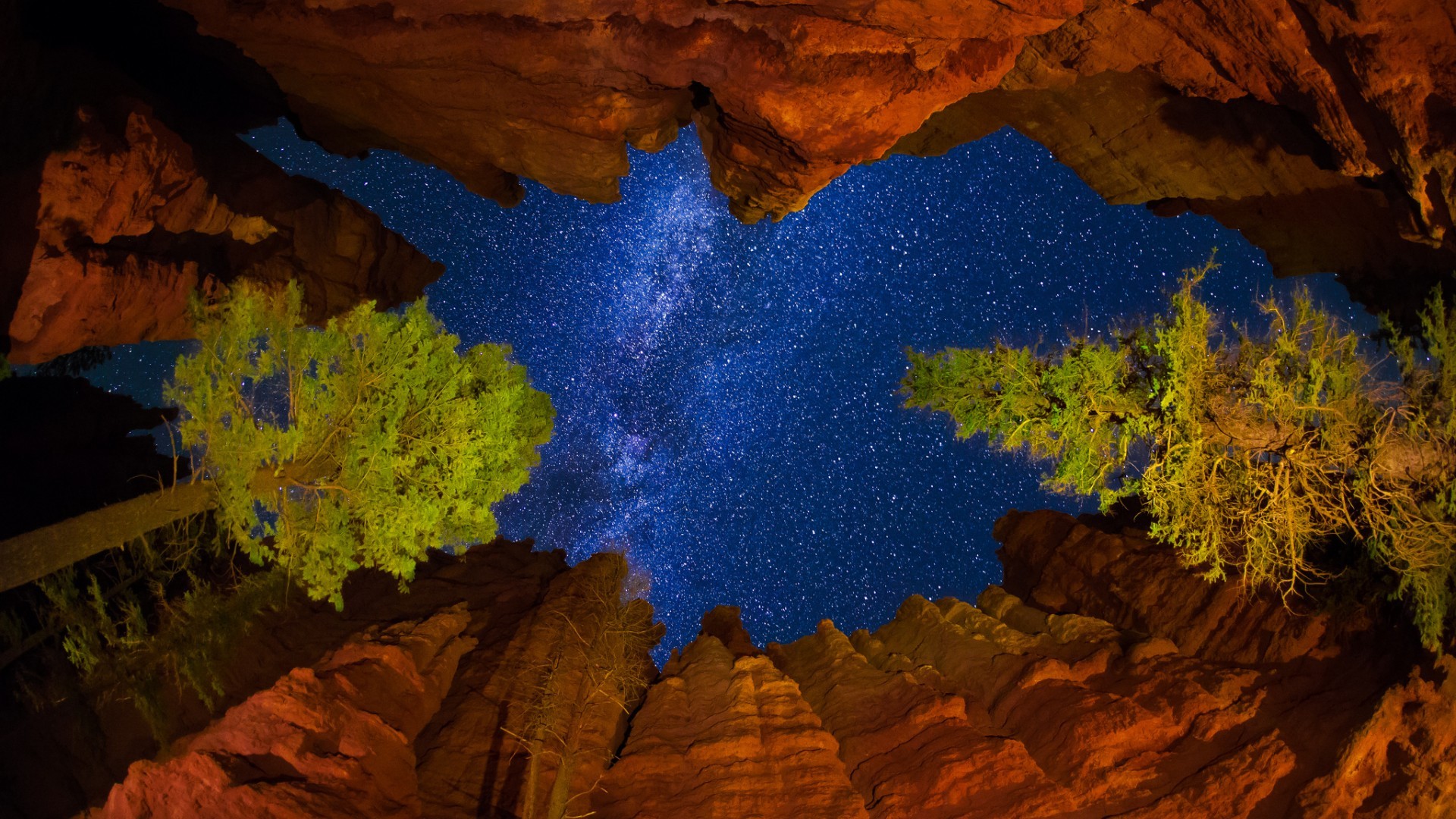 Worms Eye View Clouds Nature Night Sky Stars Milky Way National Park Utah USA Trees Mountains Rock V 1920x1080