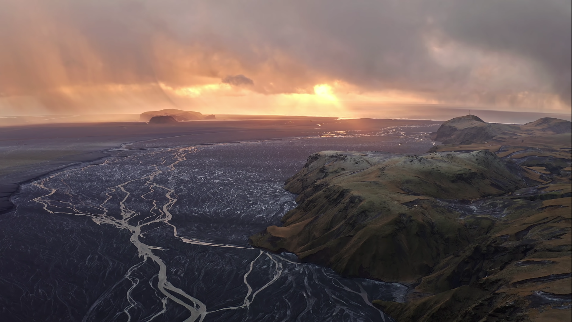 Iceland Ocean View Mountains Currents Sunlight Aerial View 1920x1080