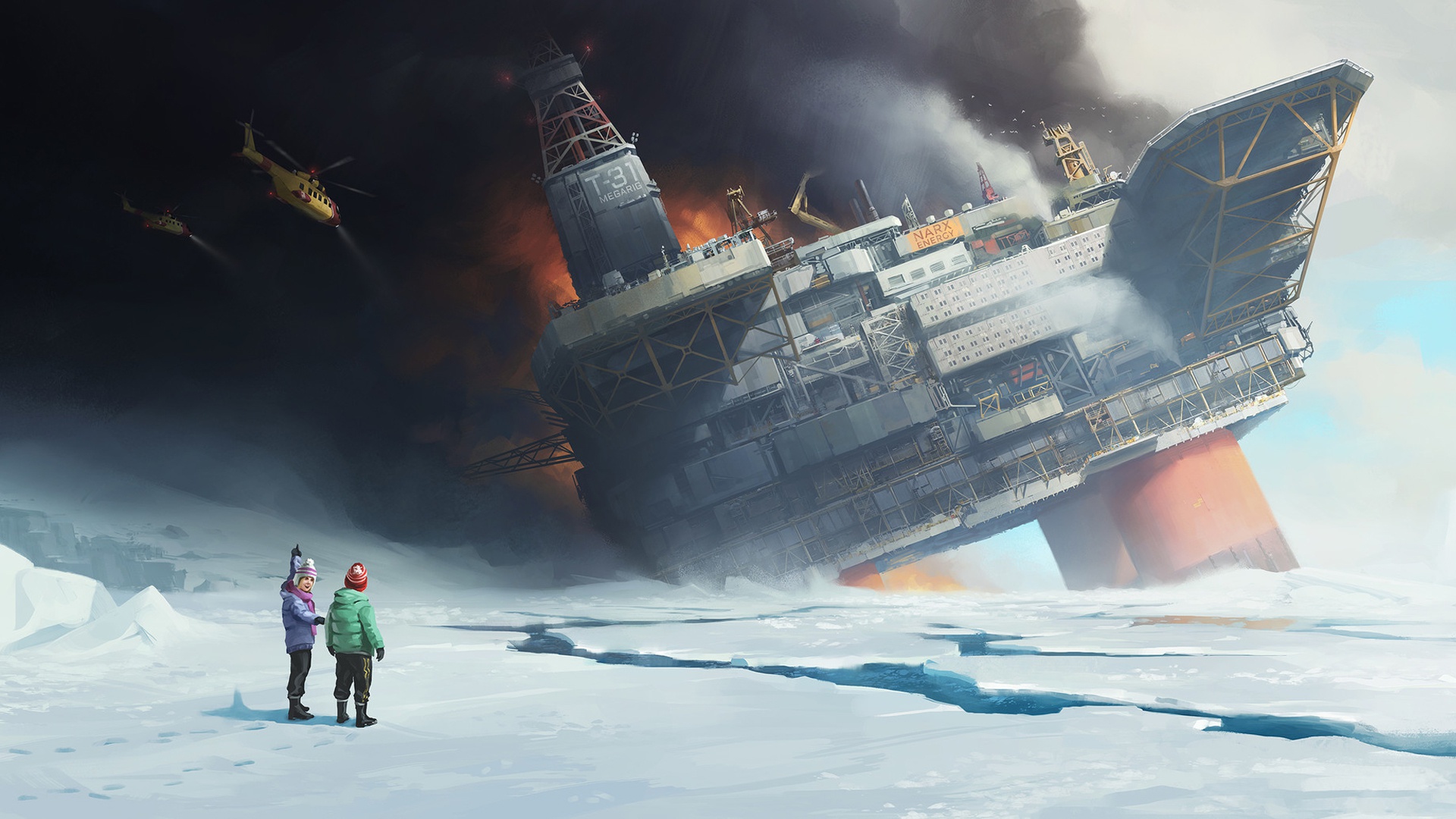 Oil Rig Artwork Fire Burning Helicopter Ice 1920x1080