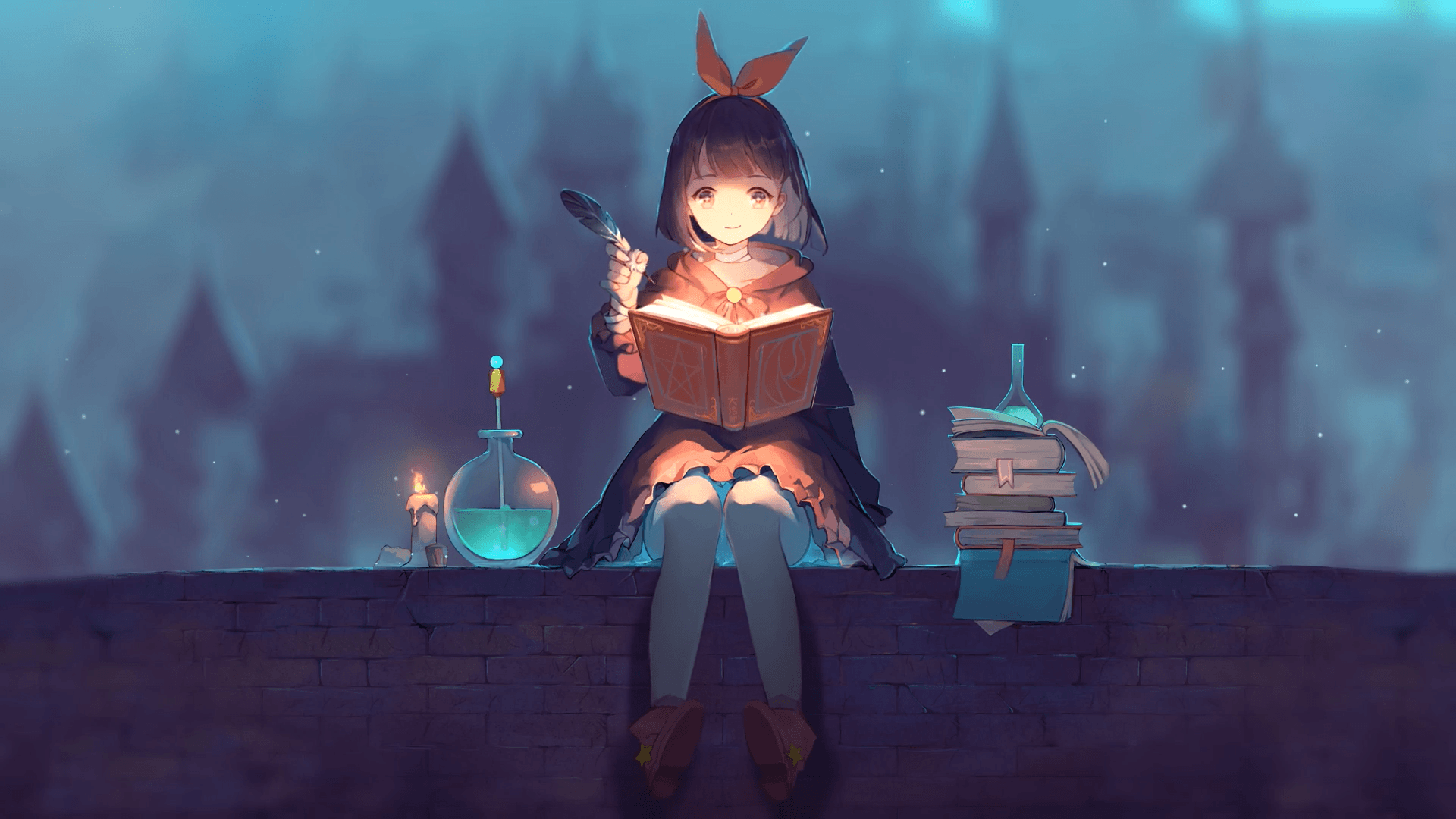 Artwork Anime Girls Books Quills Candles Chemistry Wall Fantasy Girl 1920x1080