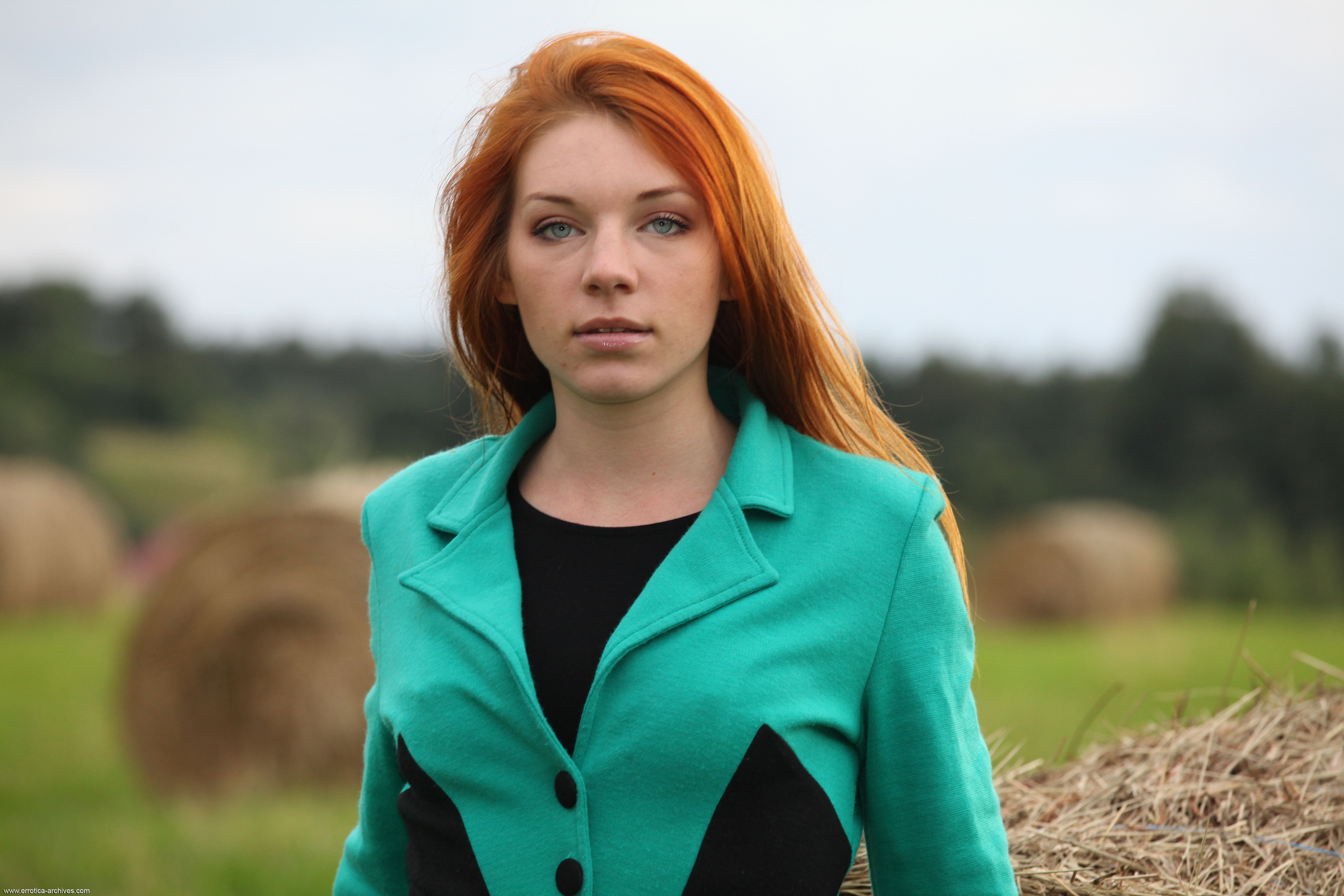 Women Redhead Long Hair Blue Eyes Field Grass Haystacks Black Dress Looking At Viewer 5616x3744