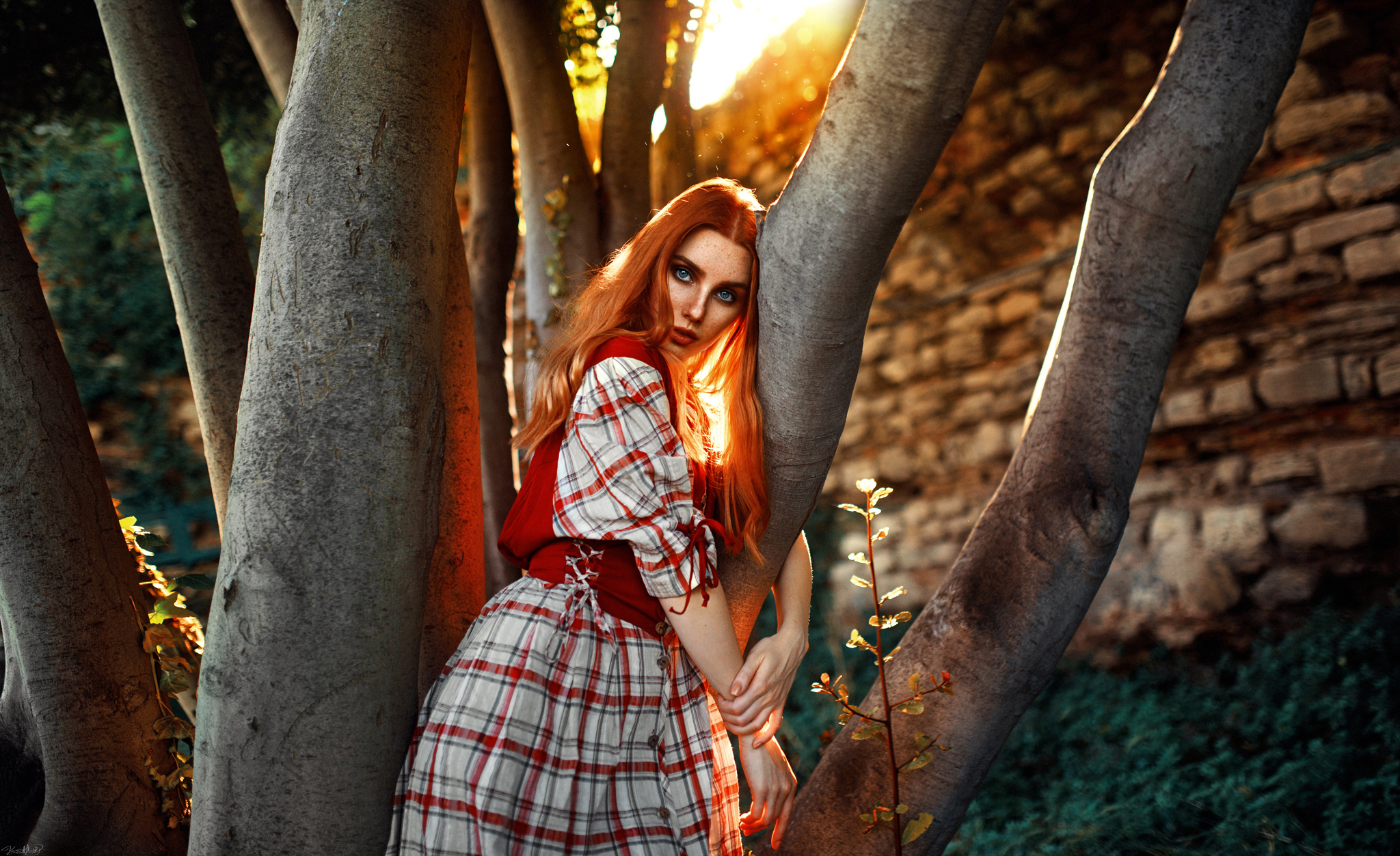 Women Model Redhead Portrait Outdoors Trees Backlighting Sunlight Depth Of Field Dress Looking At Vi 2048x1253