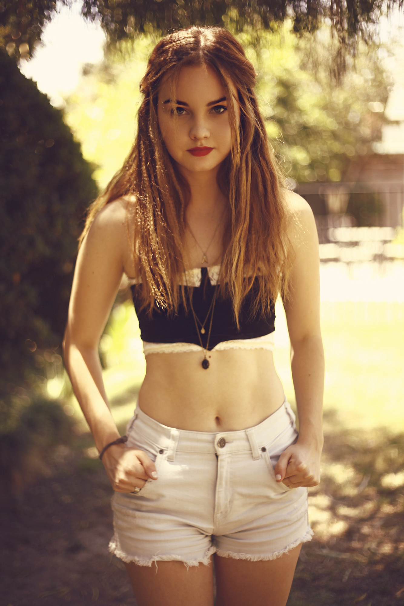 Liana Liberato Women Actress Women Outdoors Looking At Viewer Shorts Hair In Face Brunette Tube Top  1334x2000