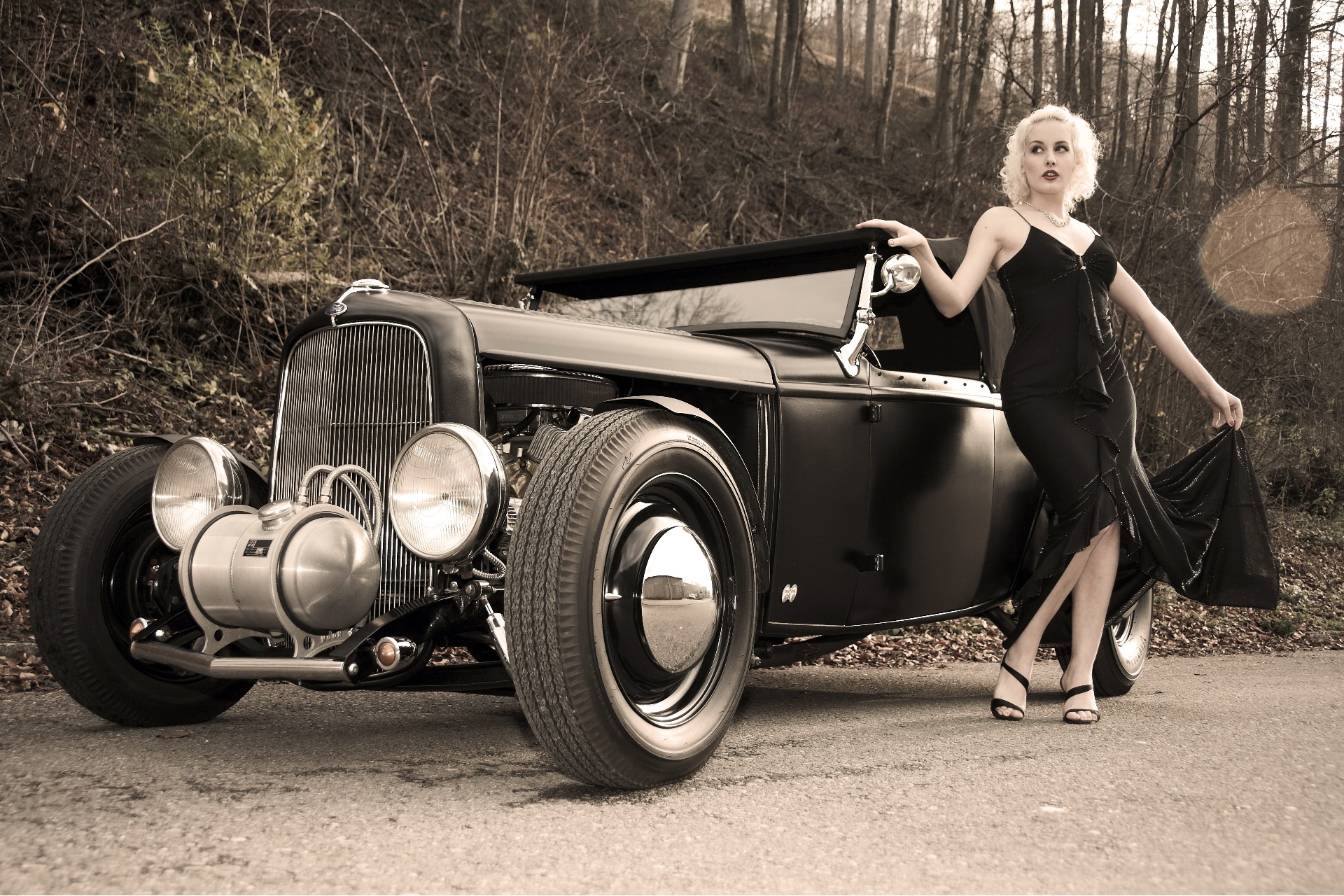 Car Oldtimer Vehicle Women With Cars Women Model Black Cars Blonde Black Dr...