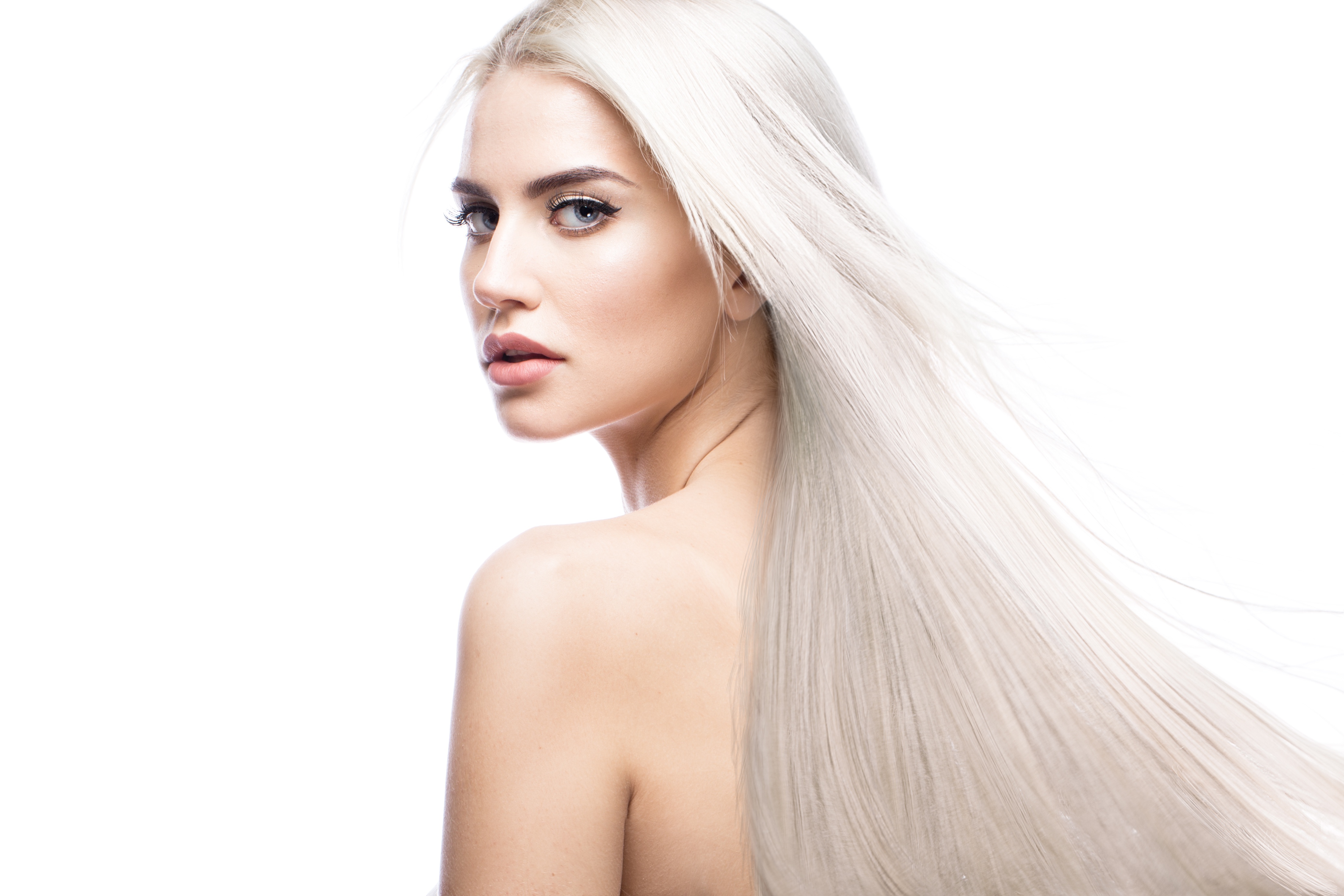 Women Platinum Blonde White Hair Model Long Hair Face Bare Shoulders White Background 4411x2941