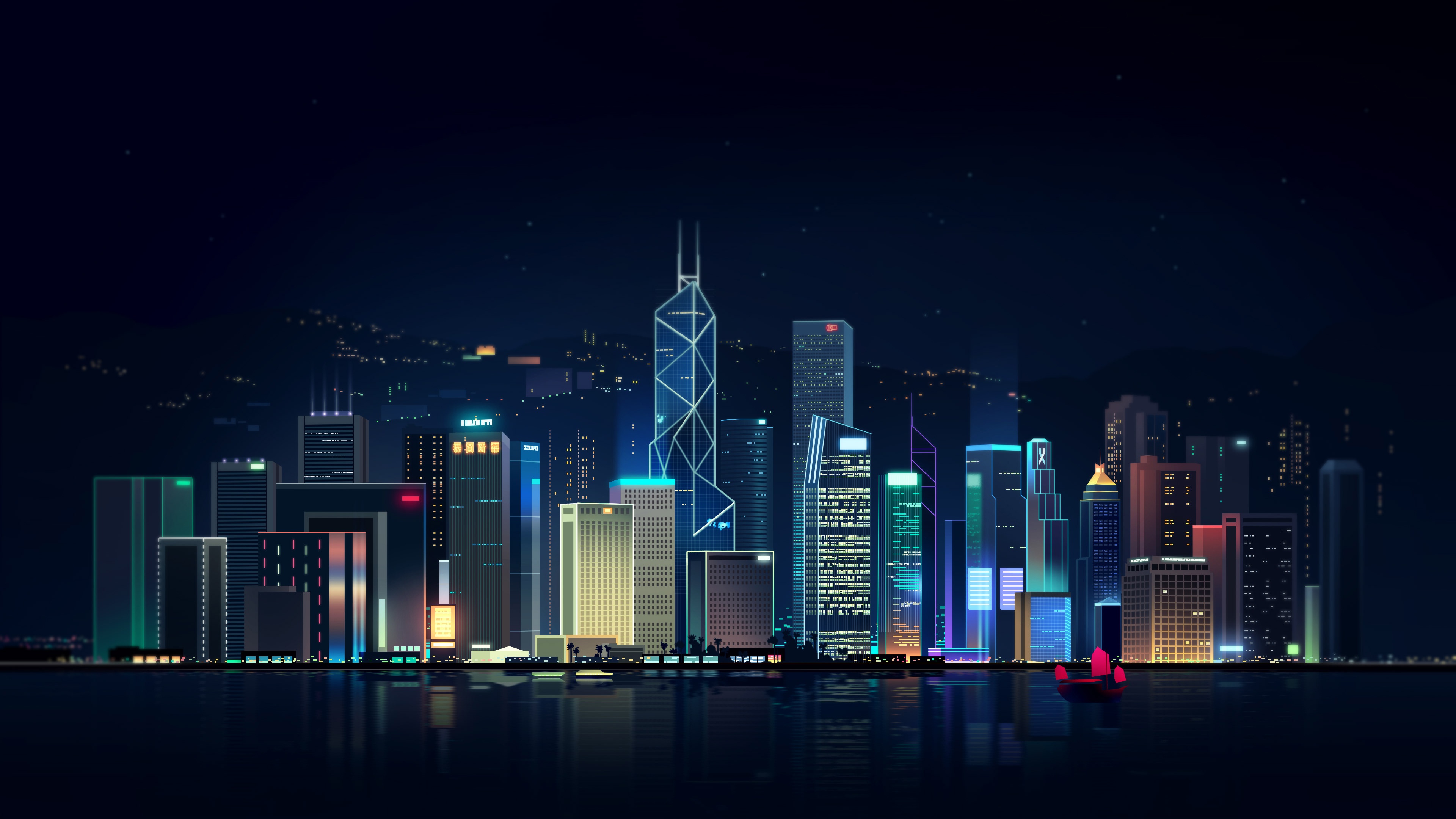 Digital Art Cityscape Hong Kong Victoria Harbour City Drawing Neon Skyscraper Skyline Lights Buildin 3840x2160