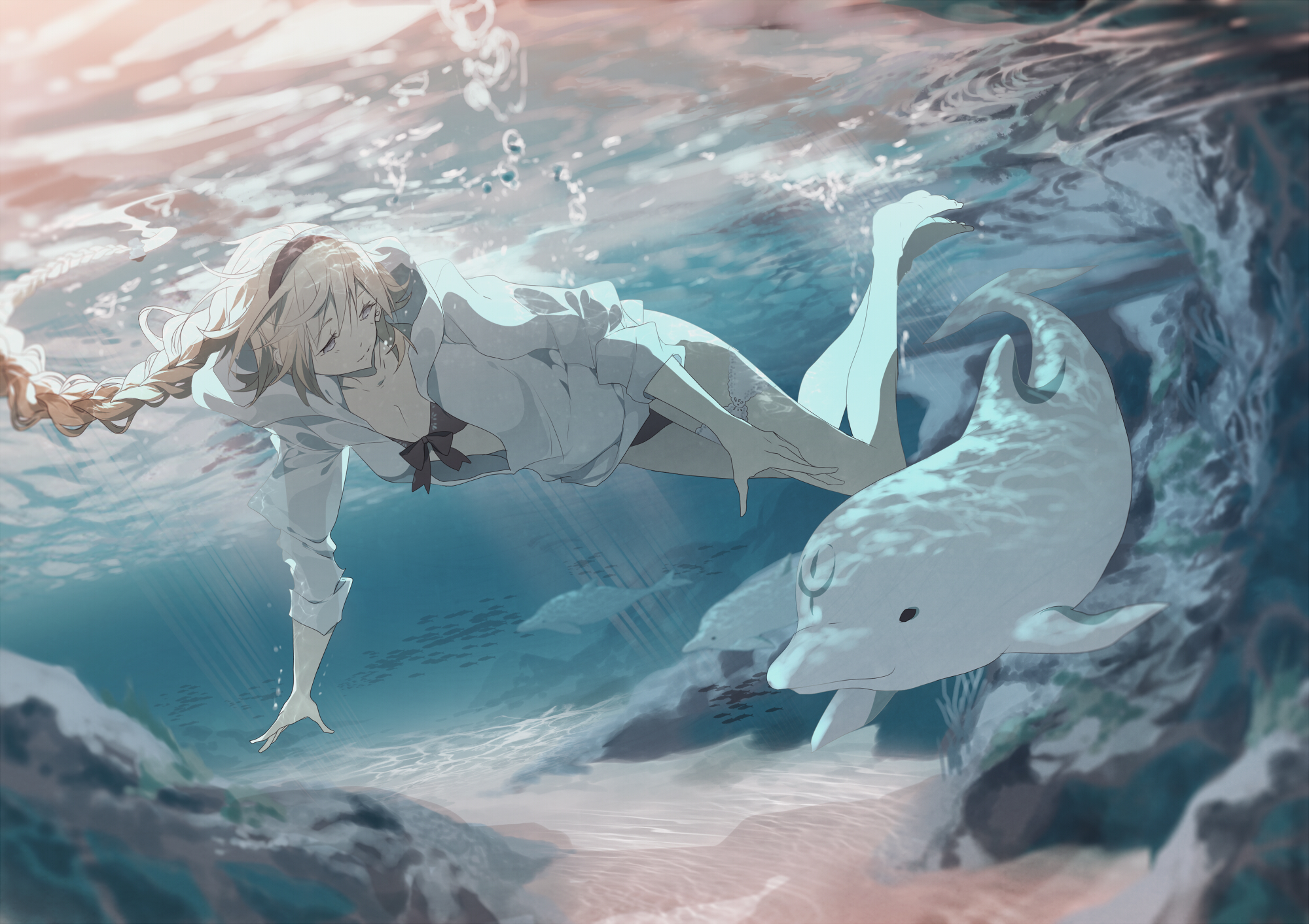 Dolphin Underwater Water Bubbles Fate Grand Order Jeanne DArc Swimming Coral Reef Smiling Jacket Bra 2000x1413