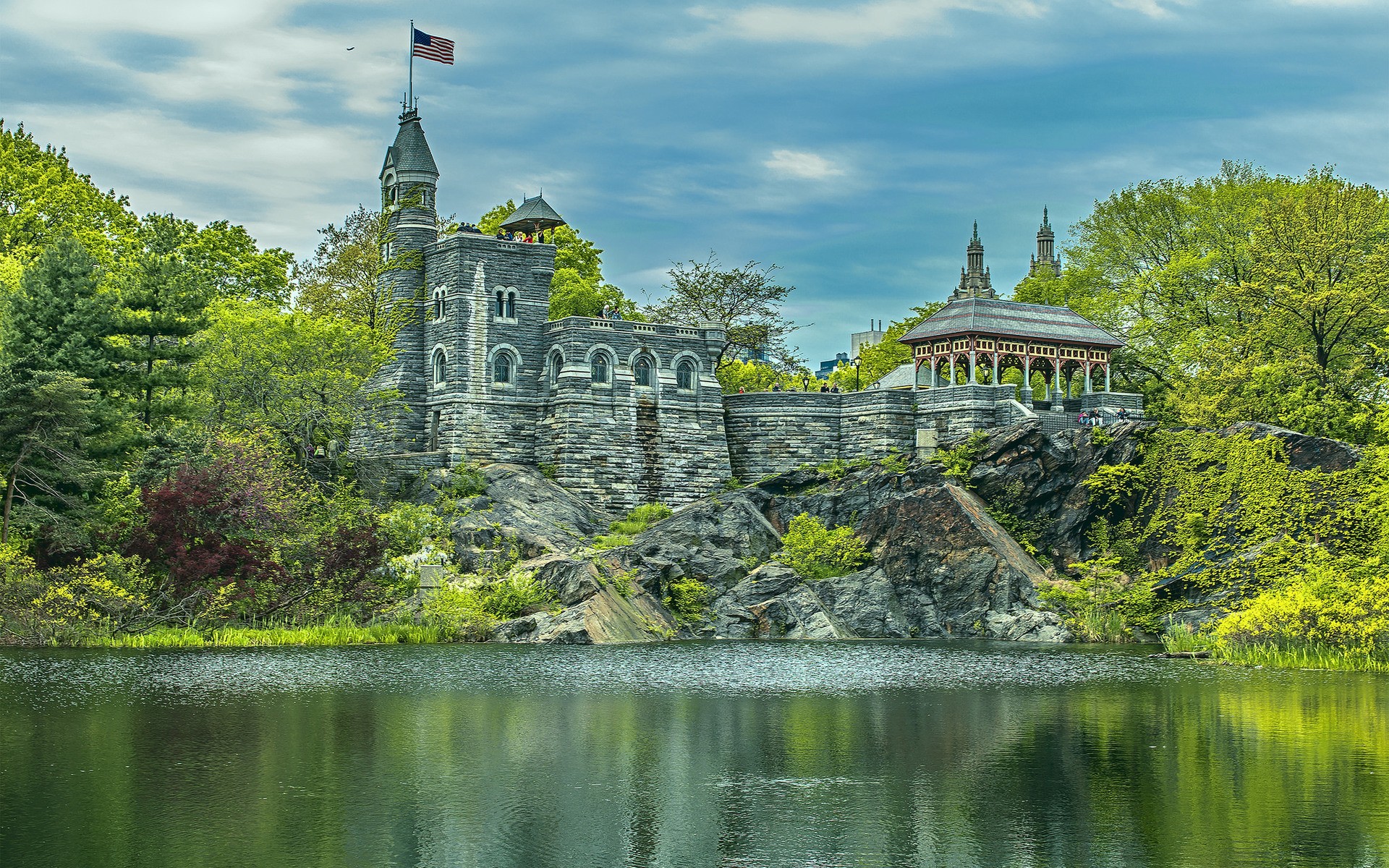 Nature Landscape Stones Park New York City USA Building Flag American Flag Trees Rock Water Lake Clo 1920x1200