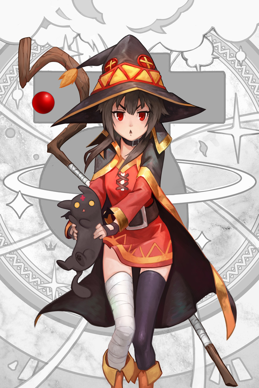 Kono Subarashii Sekai Ni Shukufuku Wo Anime Girls Short Hair Fantasy Weapon Magician Witch Hat Red E 867x1300