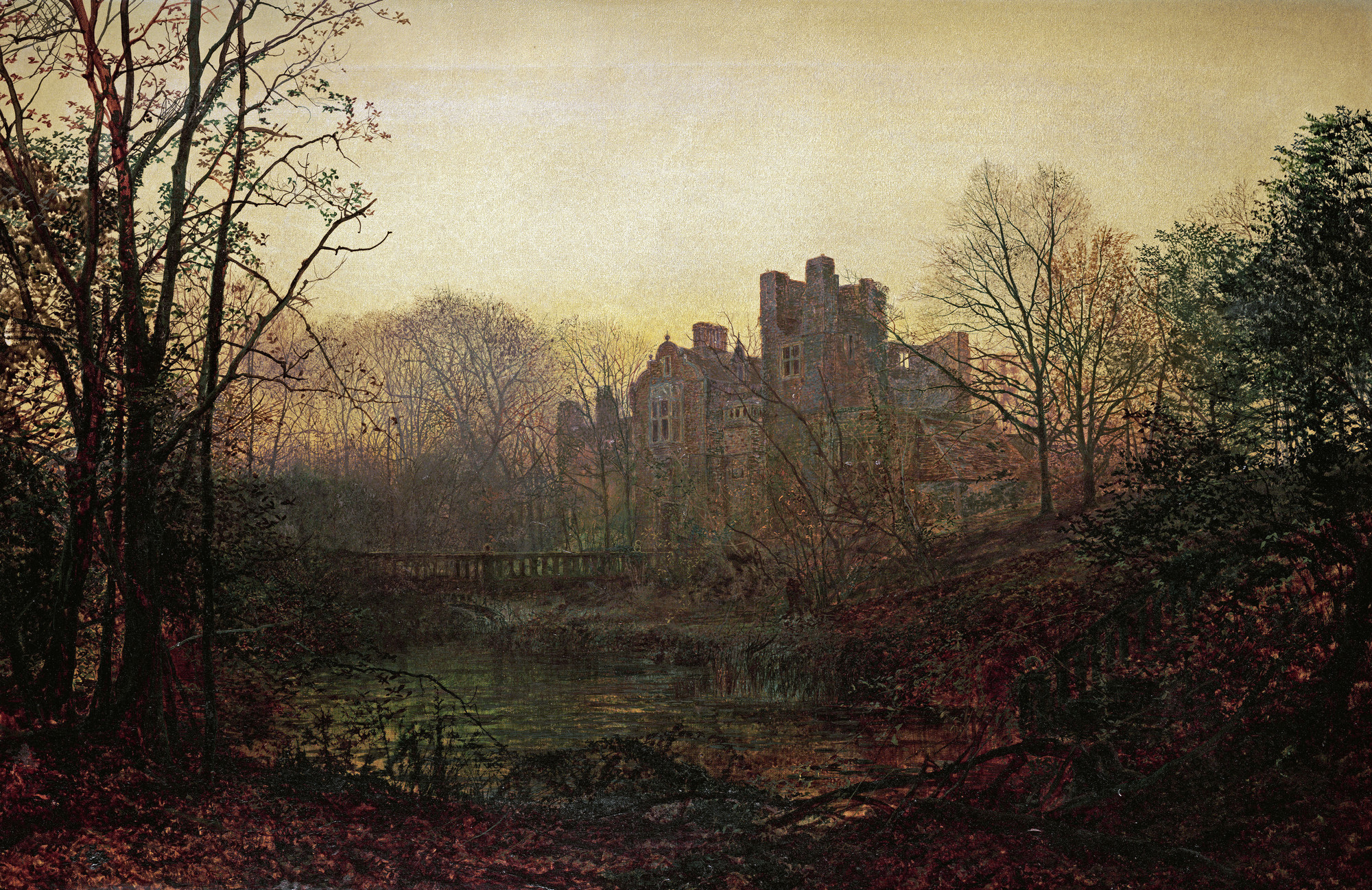 John Atkinson Grimshaw Classical Art Painting Fall House Pond Leaves Trees Mansions 2000x1297