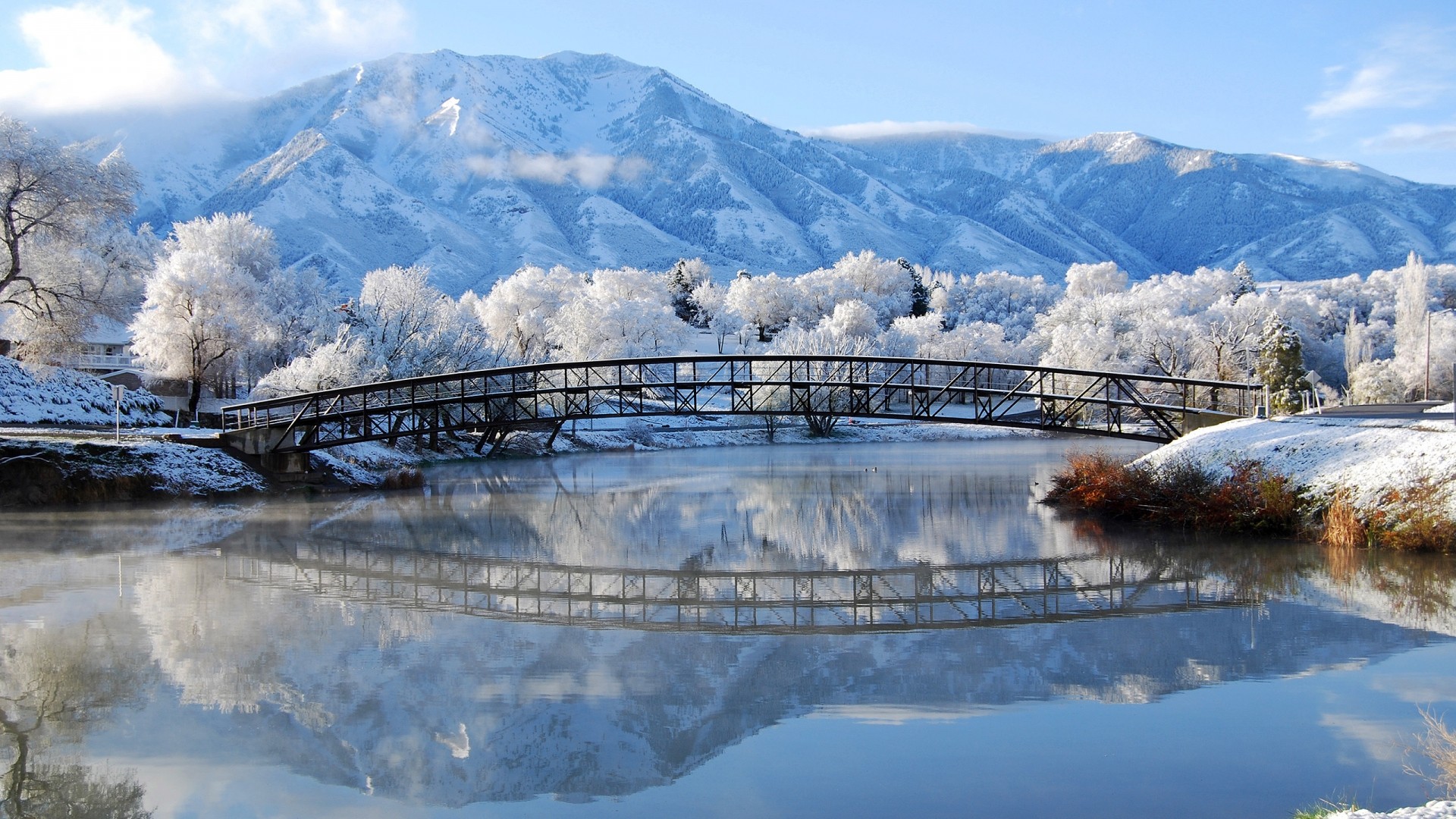 Reflection Bridge Nature Landscape Mountains River Winter Without People 1920x1080