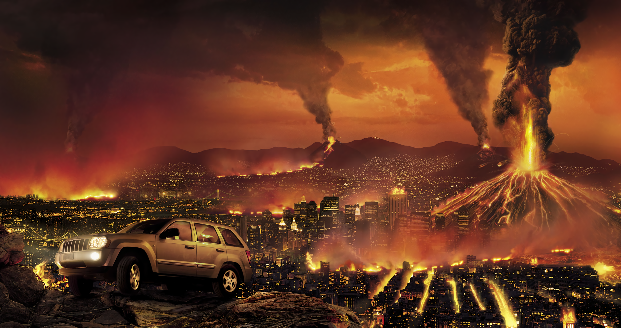 Sci Fi Apocalypse Apocalyptic City Car Volcano Fire Smoke 2020x1070