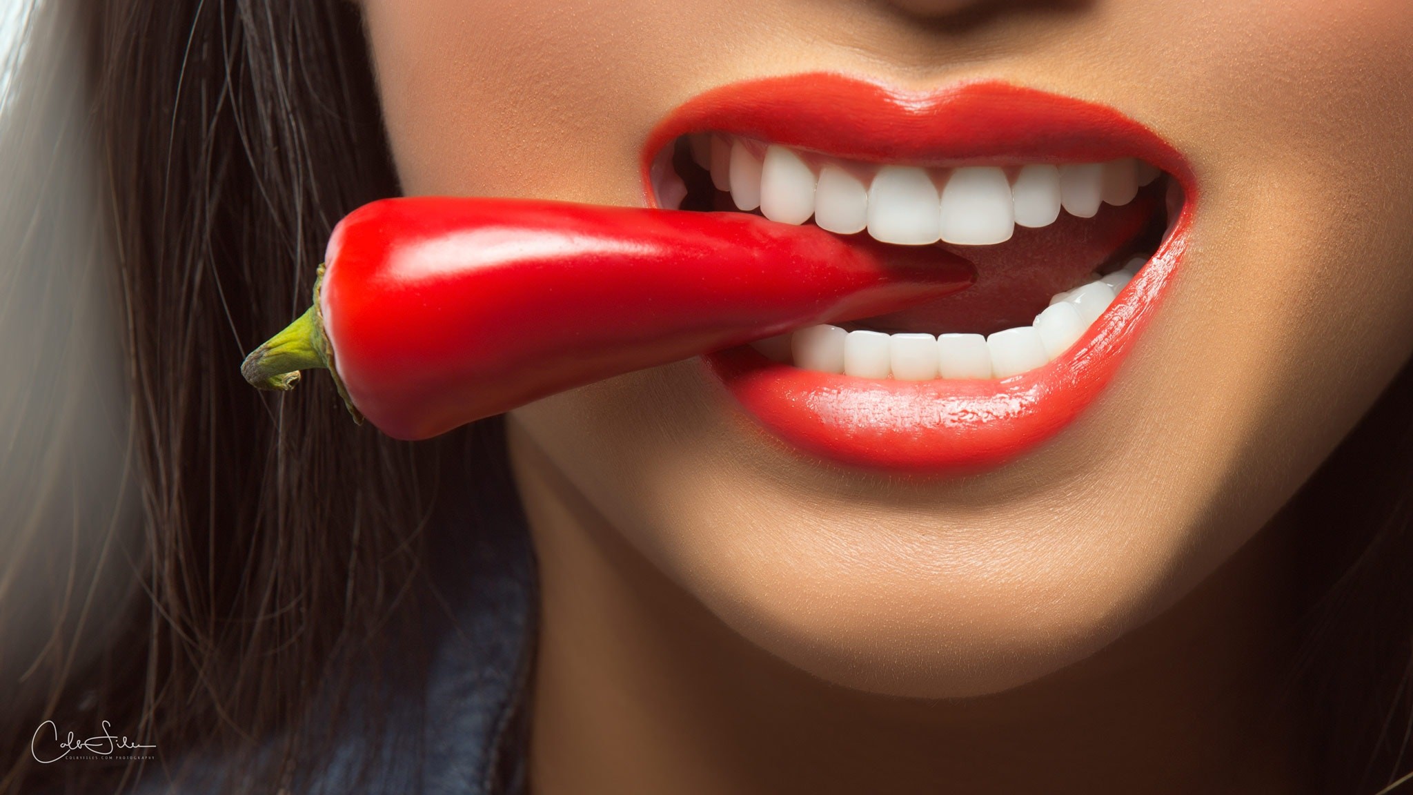 Women Mouths Teeth Lips Chilli Peppers Red Lipstick 2048x1152
