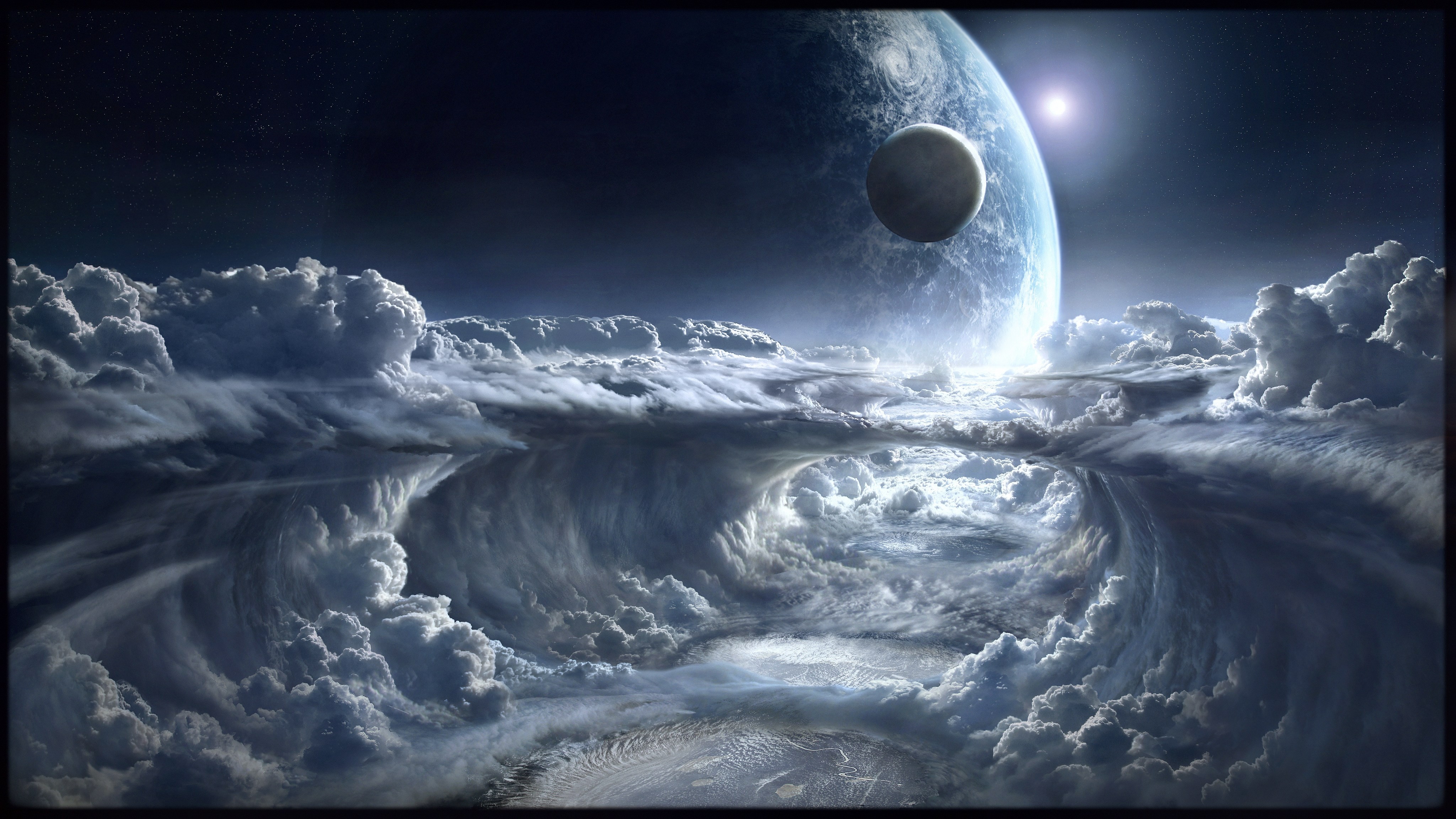 Space Moon Rays Space Art Clouds Digital Art Planet Blue Sky 4096x2304