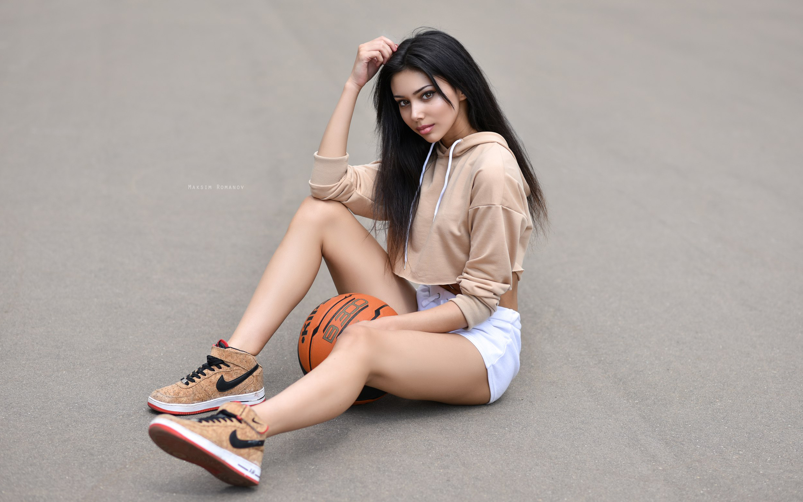 Women Maksim Romanov Sitting Sneakers Nike Ball Shorts Portrait Women Outdoors Brunette Balls Long H 2560x1600