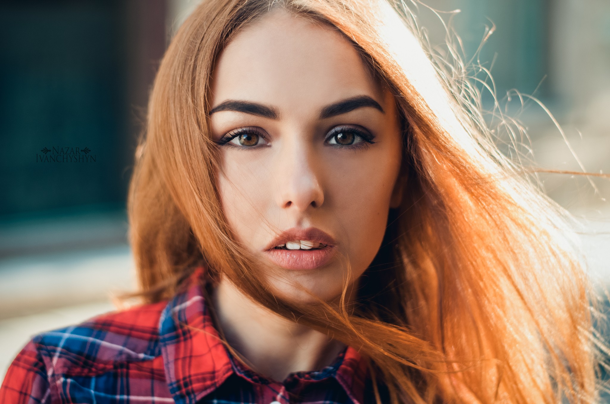 Women Model Face Portrait Redhead Blonde Olya Looking At Viewer Plaid Shirt Brown Eyes Shirt Open Mo 2048x1356