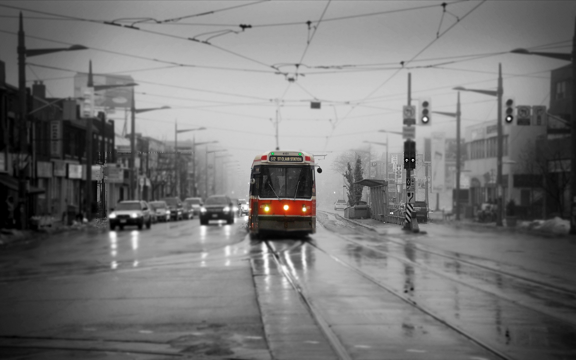 Street Urban Toronto Selective Coloring Traffic Tram Wet Wet Street 1920x1200