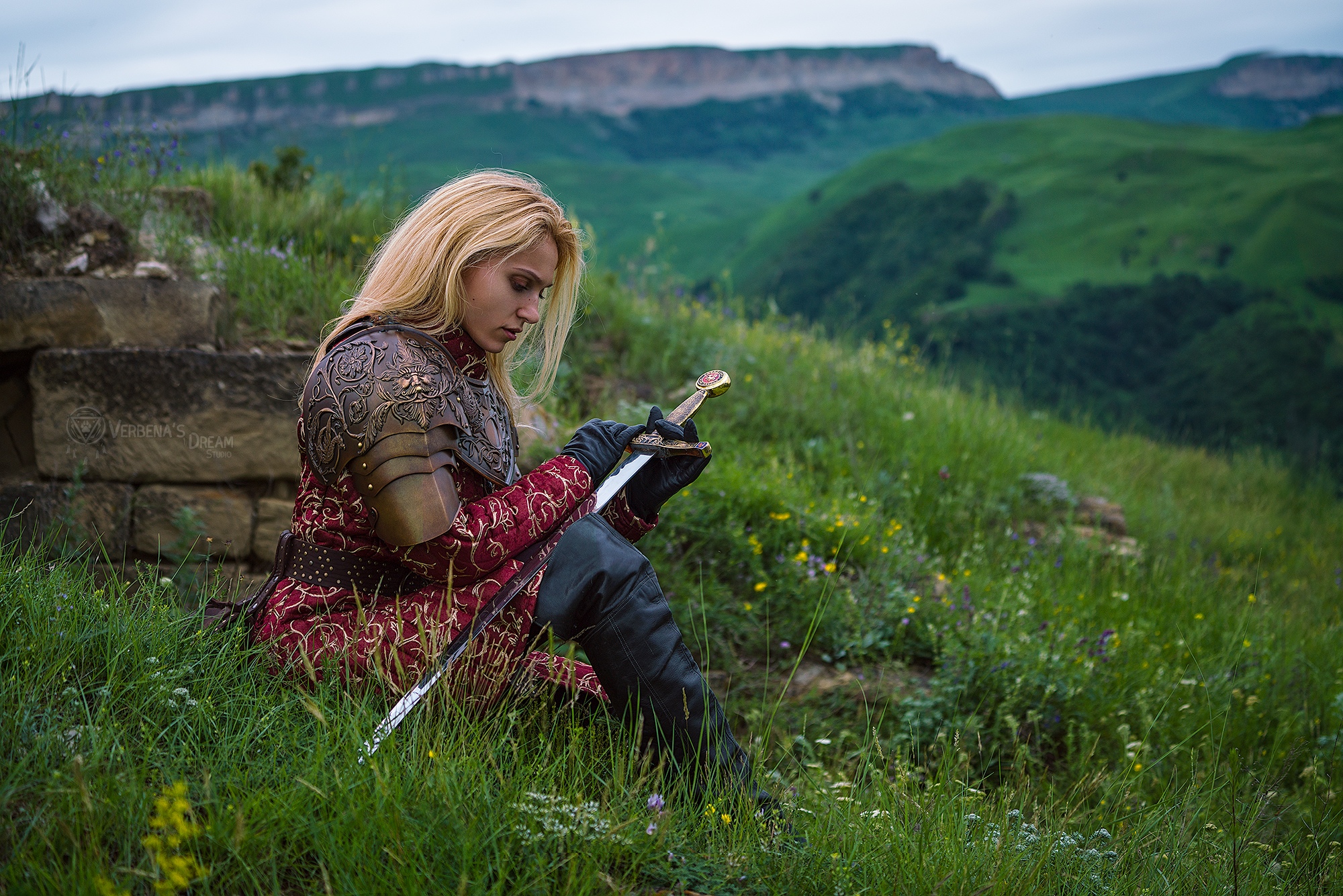 Darya Lefler Women Model Knight Sword Armor Blonde Portrait Profile Sitting Grass Depth Of Field Wom 2000x1334