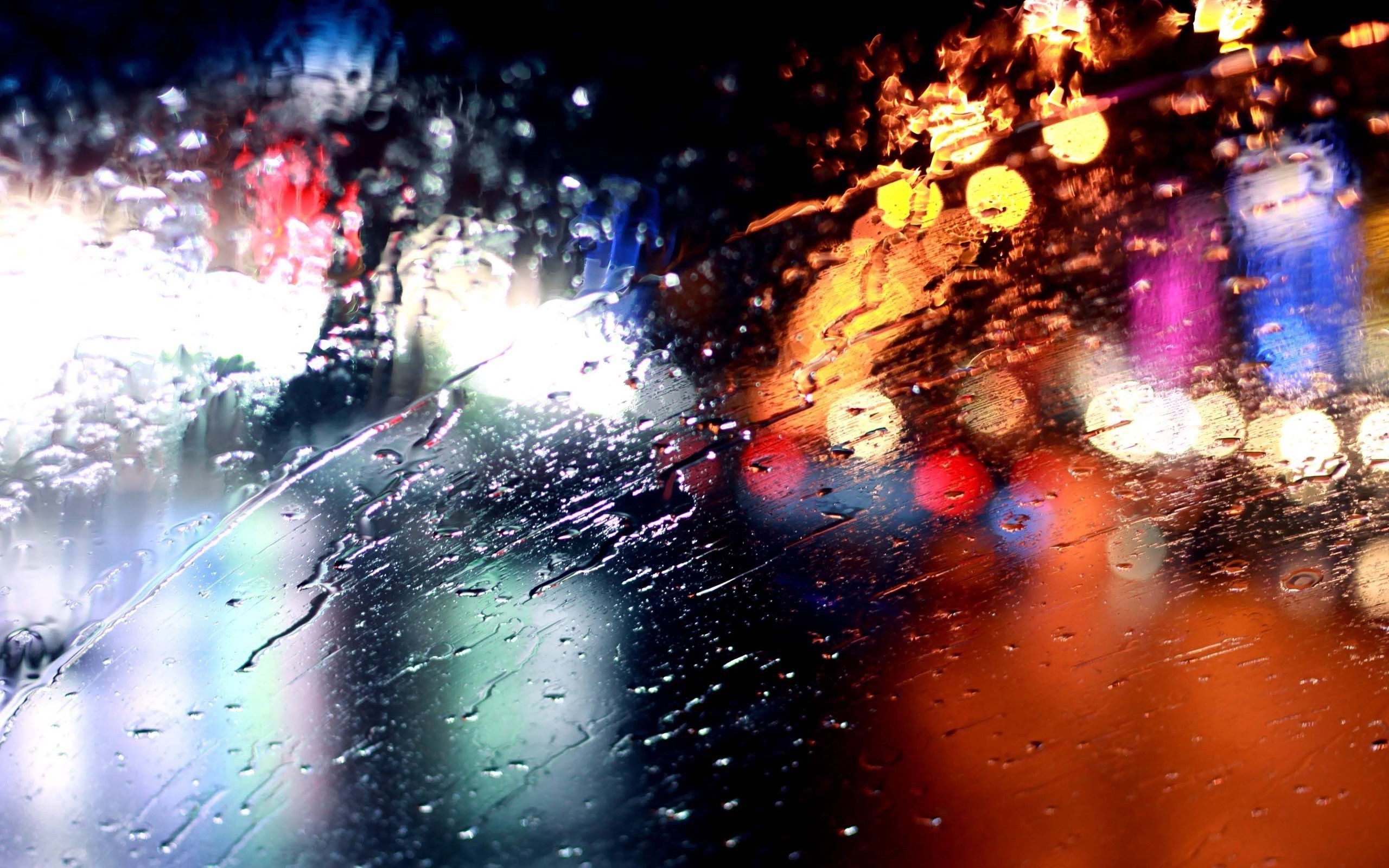Water On Glass Water Drops Lights Bokeh Depth Of Field Street Light Traffic Lights Water Rain 2560x1600