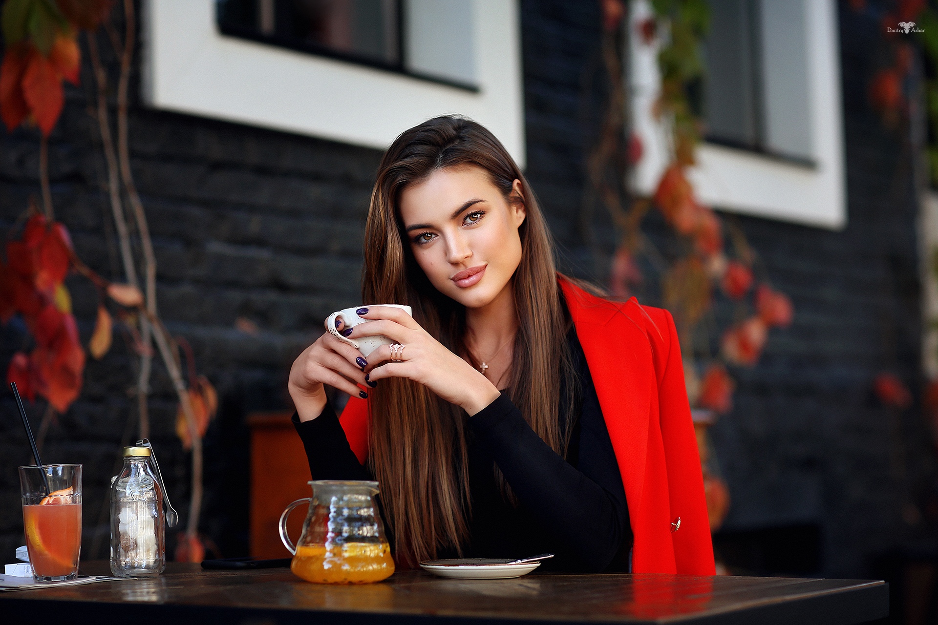 Women Model Brunette Portrait Outdoors Looking At Viewer Long Hair Necklace Painted Nails Coffee Cup 1920x1280