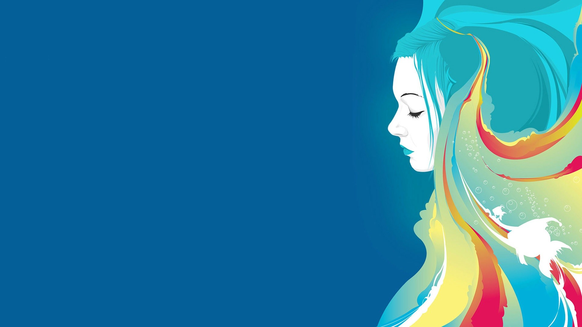 Drawing Women Blue Colorful Blue Hair Fish Blue Background Turquoise Hair 1920x1080