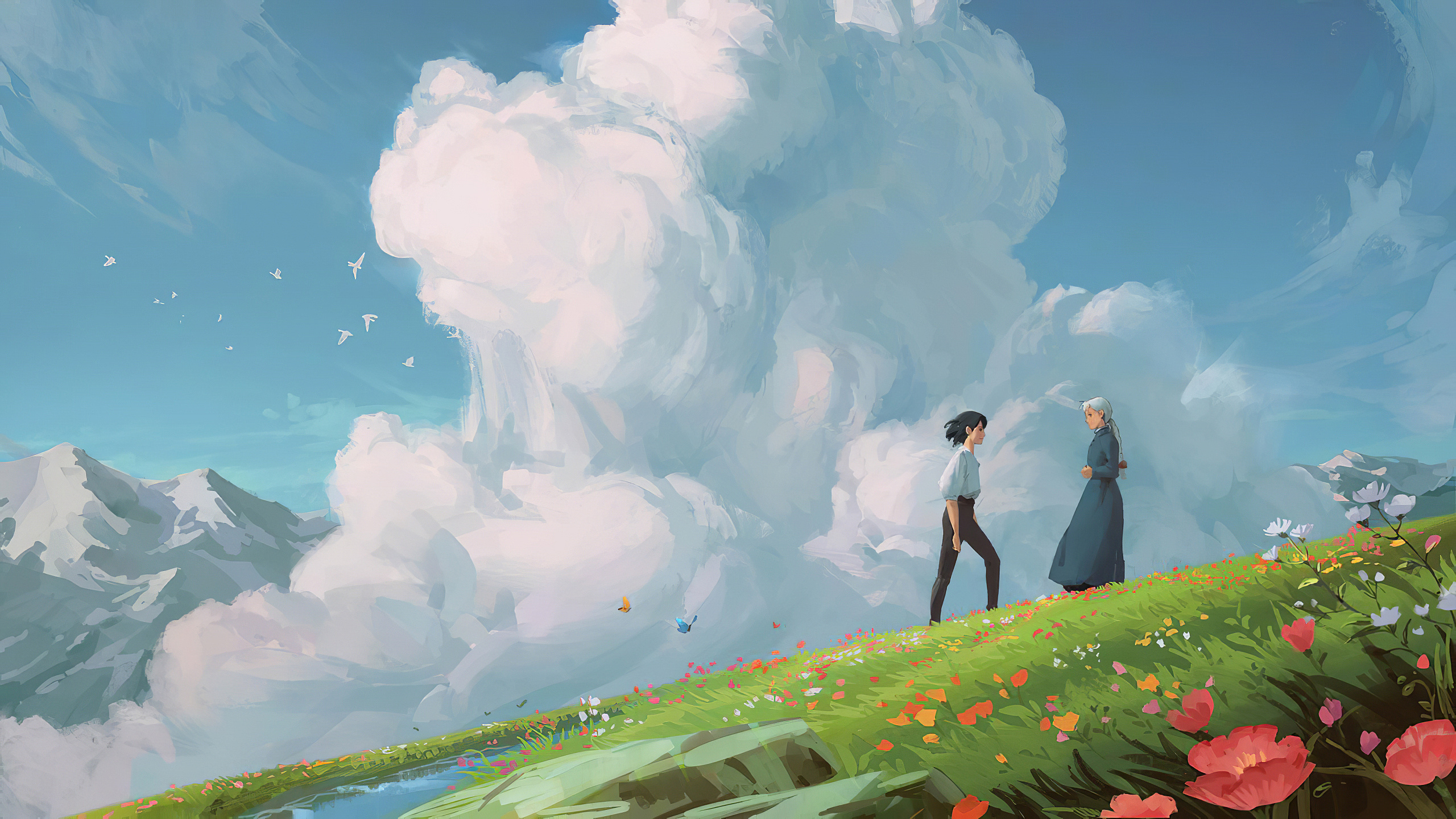 Howls Moving Castle Studio Ghibli Fantasy Art Clouds Daylight Couple Digital Art Flowers Movies Anim 2560x1440