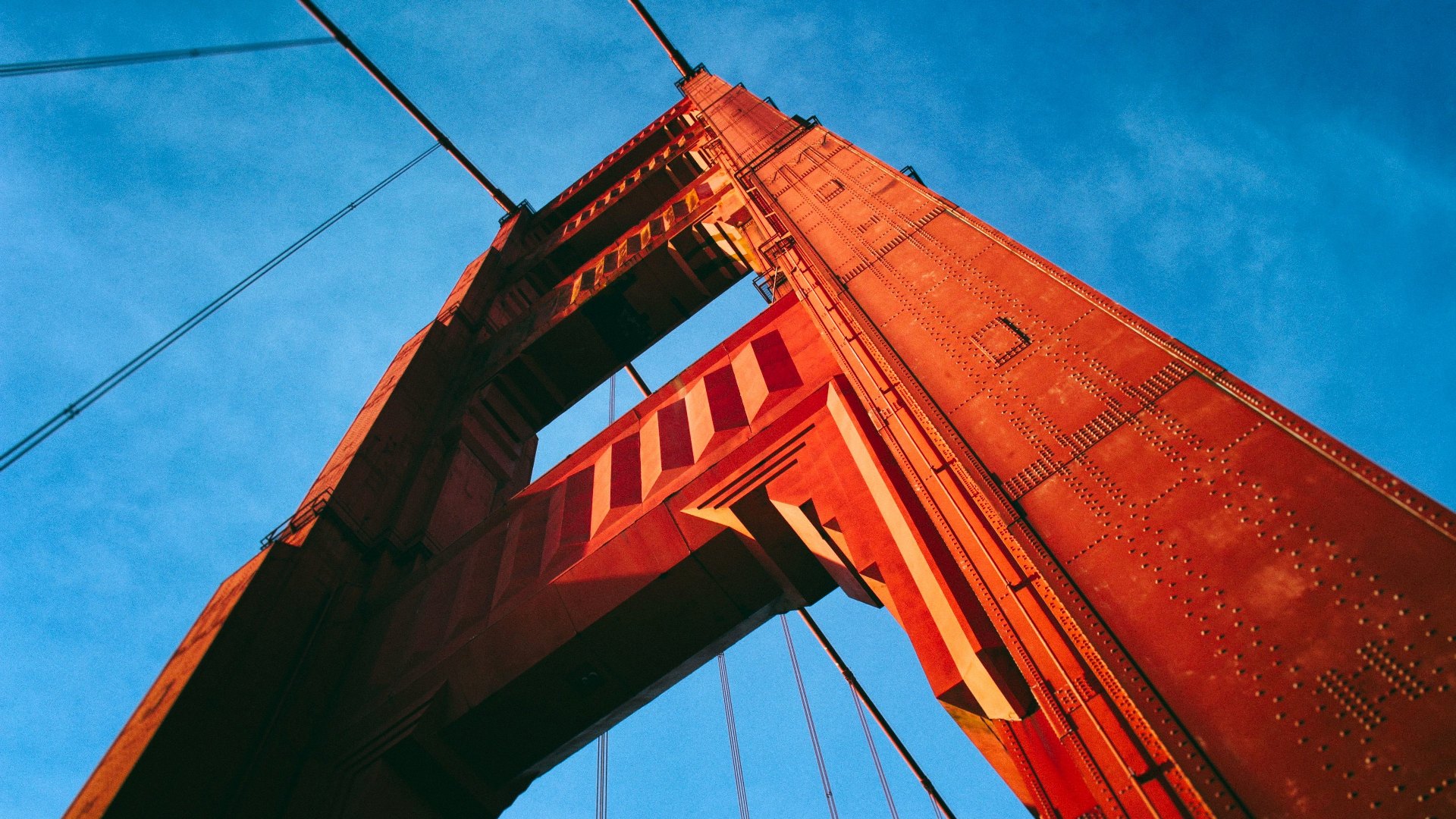 Golden Gate Bridge San Francisco Bridge Worms Eye View Red Sky Blue Clear Sky Sky Architecture Low A 1920x1080