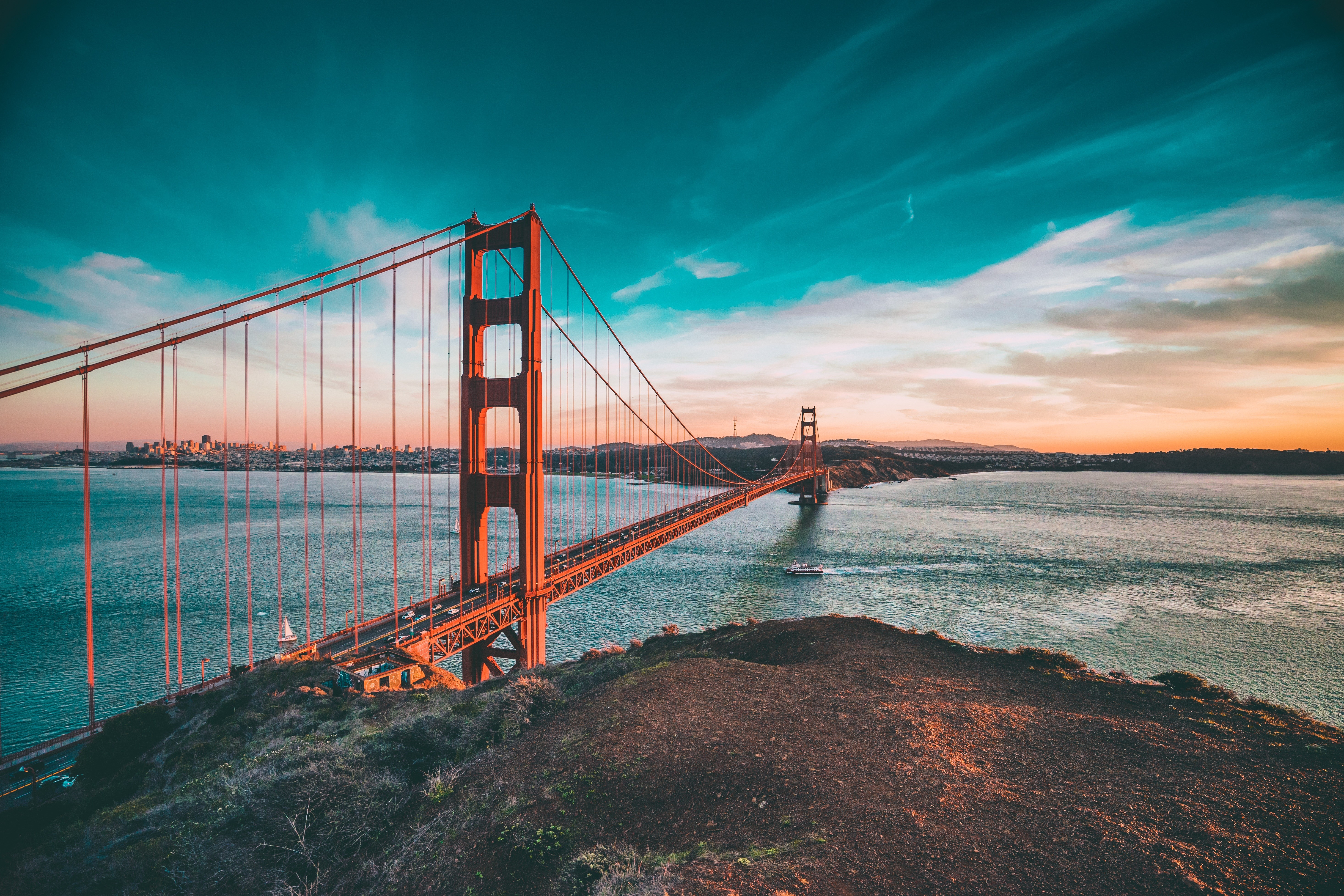 Sky Clouds Bridge San Francisco River Sea Rock Golden Gate Bridge 5865x3910