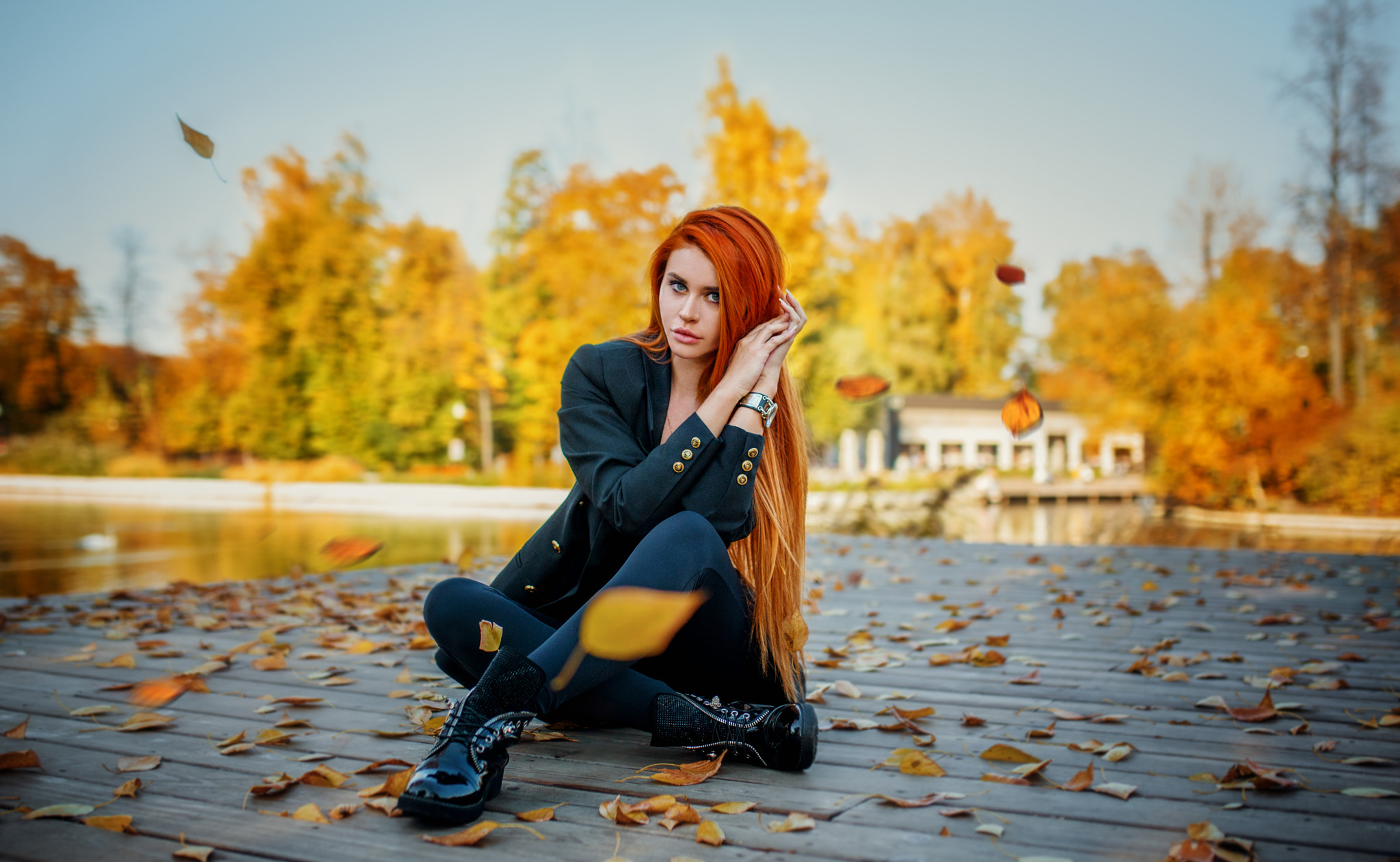 Women Dana Bounty Redhead Sitting Long Hair Leaves Black Clothing Wooden Surface Women Outdoors 2048x1262