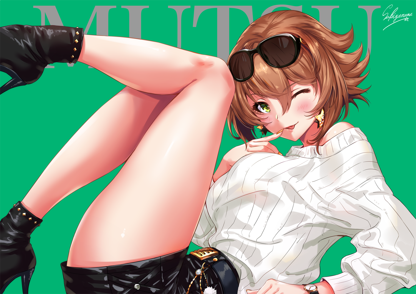 Anime Girls Anime Kantai Collection Mutsu KanColle Sakiyamama Legs Green Background Shades Green Eye 1414x1000
