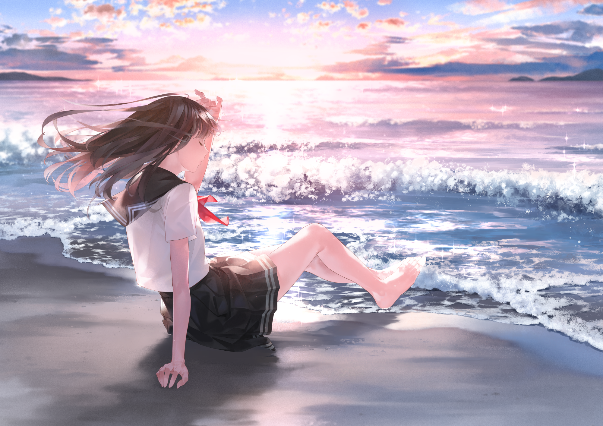 Anime Shore Sitting Schoolgirl Waves Water Sparkle 2000x1413