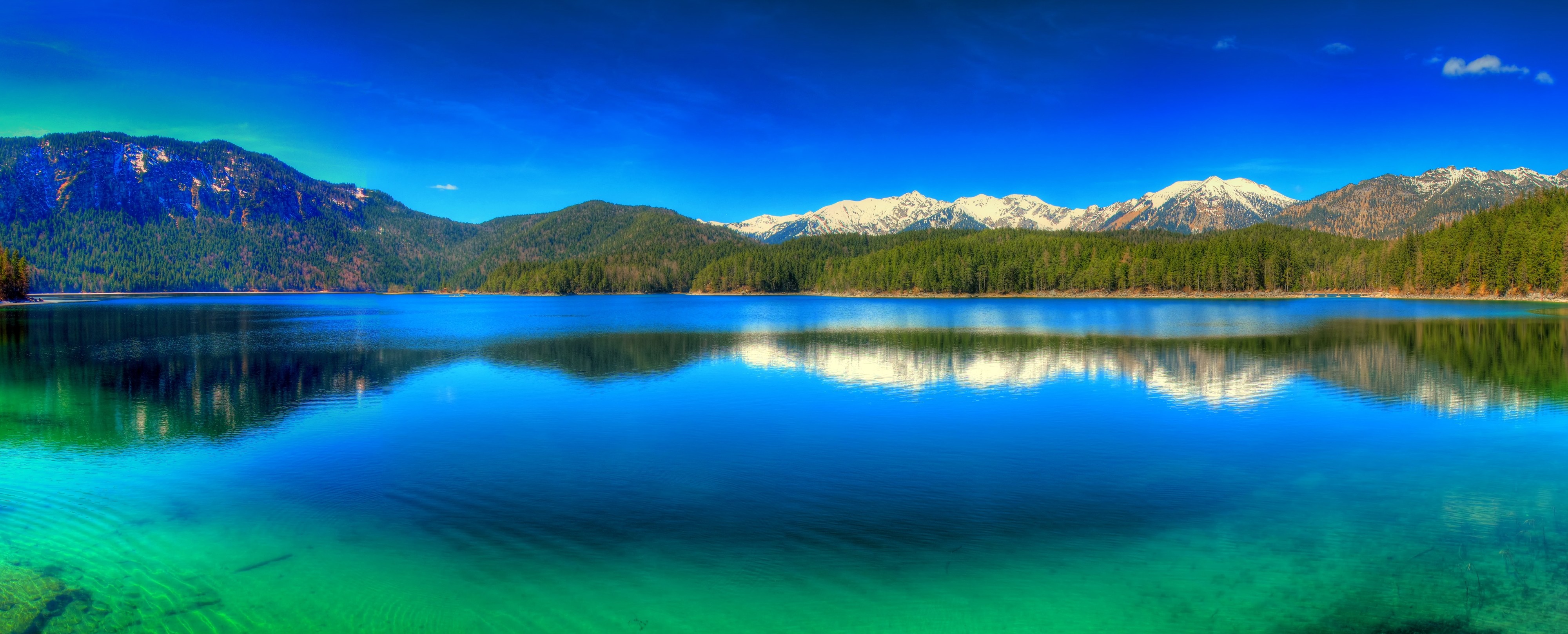 Nature Landscape Panoramas Lake Mountains Forest Germany Blue Sky Green Water Reflection Snowy Peak 4000x1617