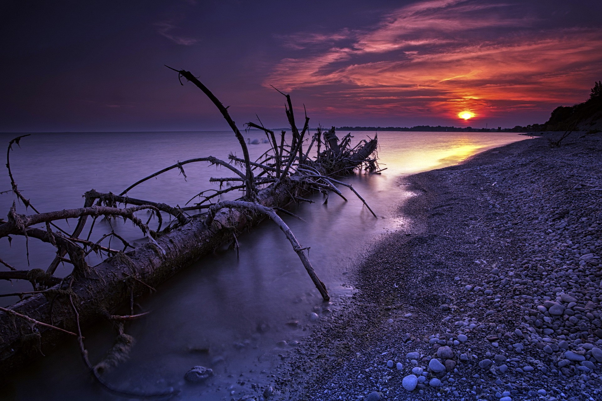 Nature Landscape Sea Sunlight Sunset Trees Branch Stones Bank Horizon Clouds 1920x1280