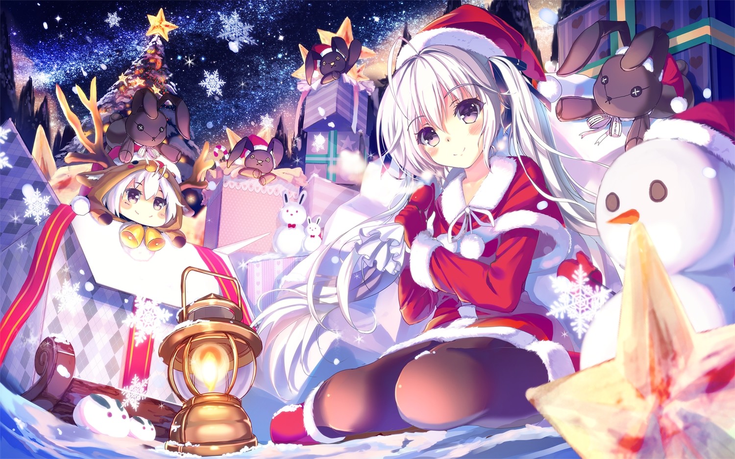 Anime Girls Santa Costume Snow Night Snowman Smiling White Hair Long Hair 1500x938