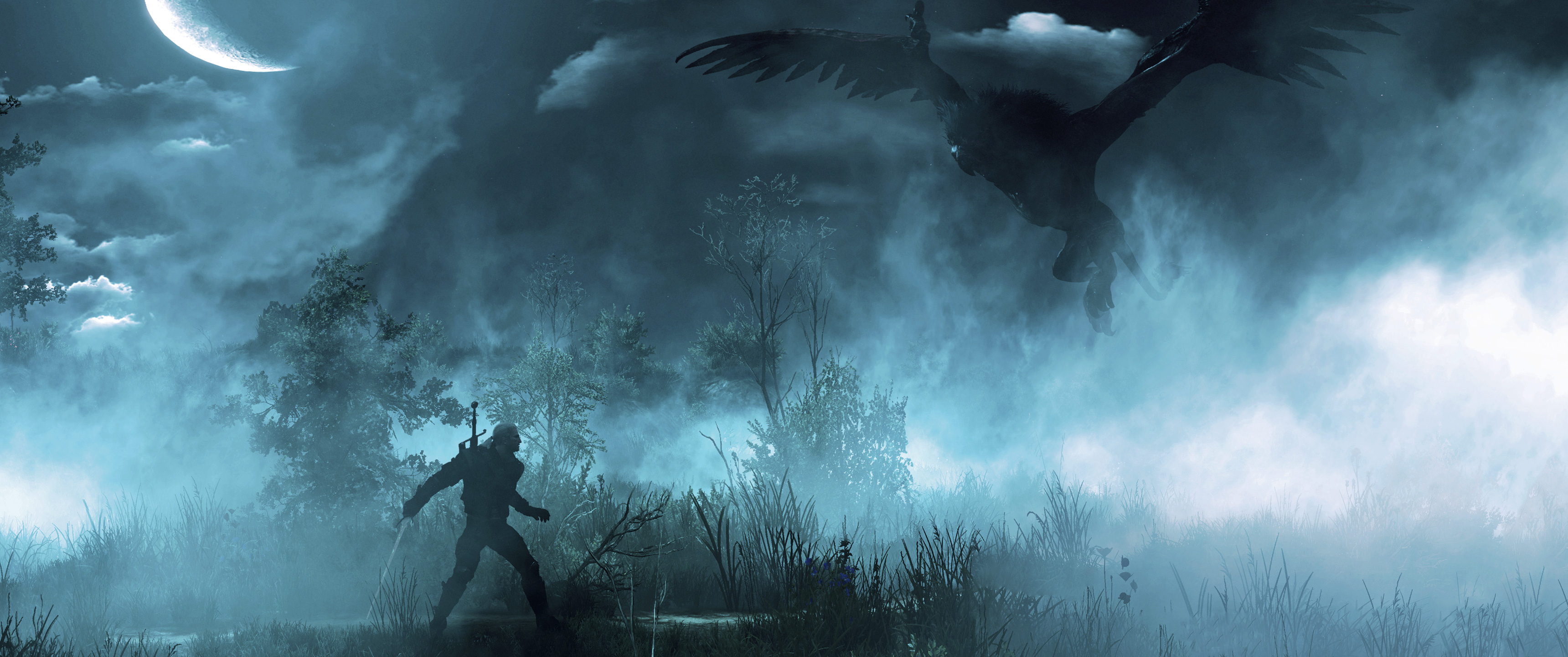 The Witcher 3 Wild Hunt Griffin Moon Night Geralt Of Rivia 3440x1440
