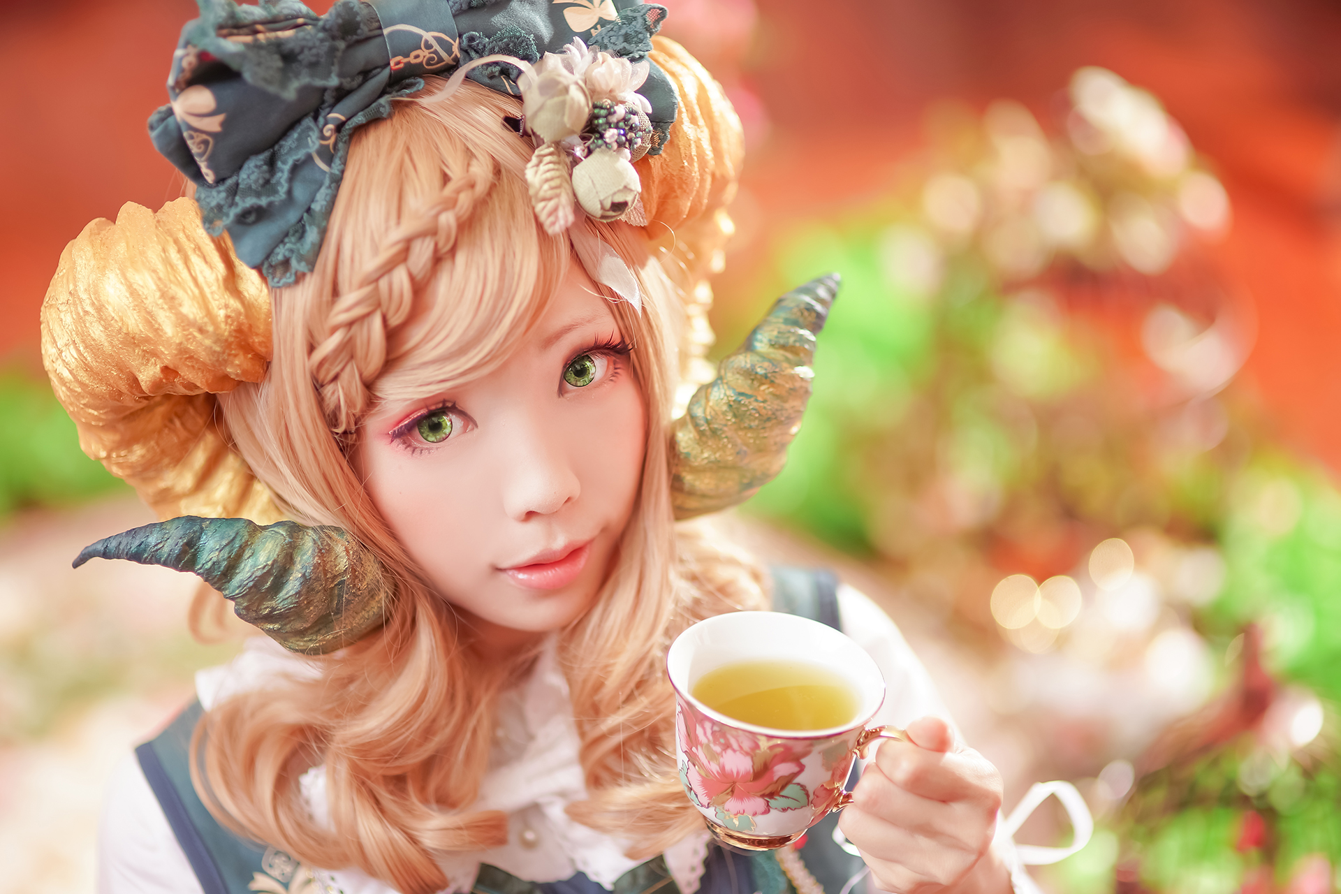 Cosplay Model Green Eyes Victorian Clothes Headdress Horns Ely Cosplay Eeelyeee Women Ely 1920x1280