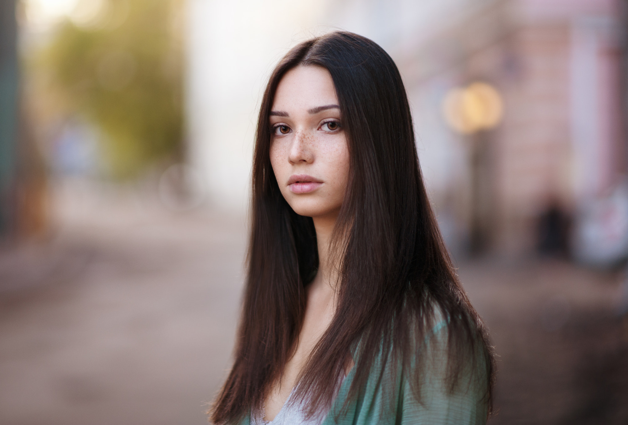 Women Maxim Maximov Long Hair Freckles Mariya Volokh Face Portrait Straight Hair Brown Eyes Bokeh Pi 2048x1387