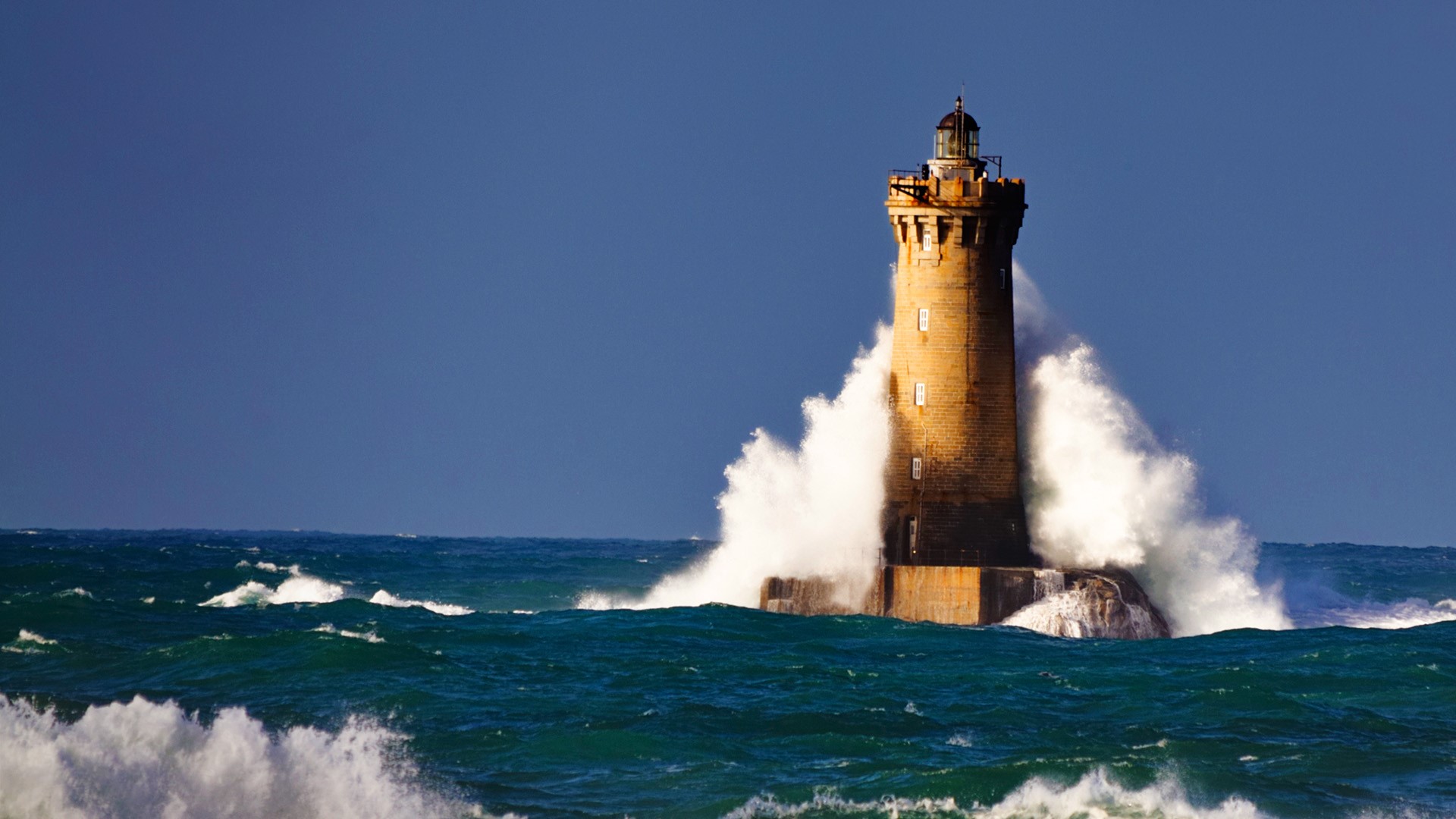 Nature Landscape Far View Sky Water Waves Lighthouse Clear Sky Horizon Phare Du Four Brittany France 1920x1080