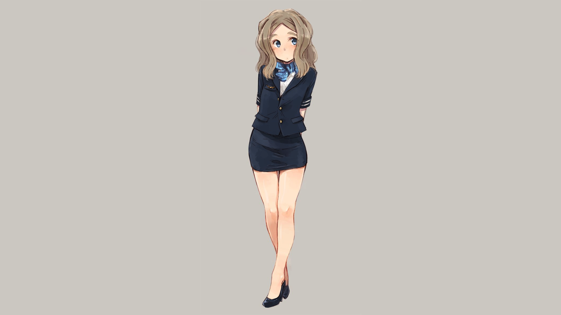 Anime Manga Anime Girls Simple Background Minimalism Blonde Stewardess Heels Uniform 1920x1080