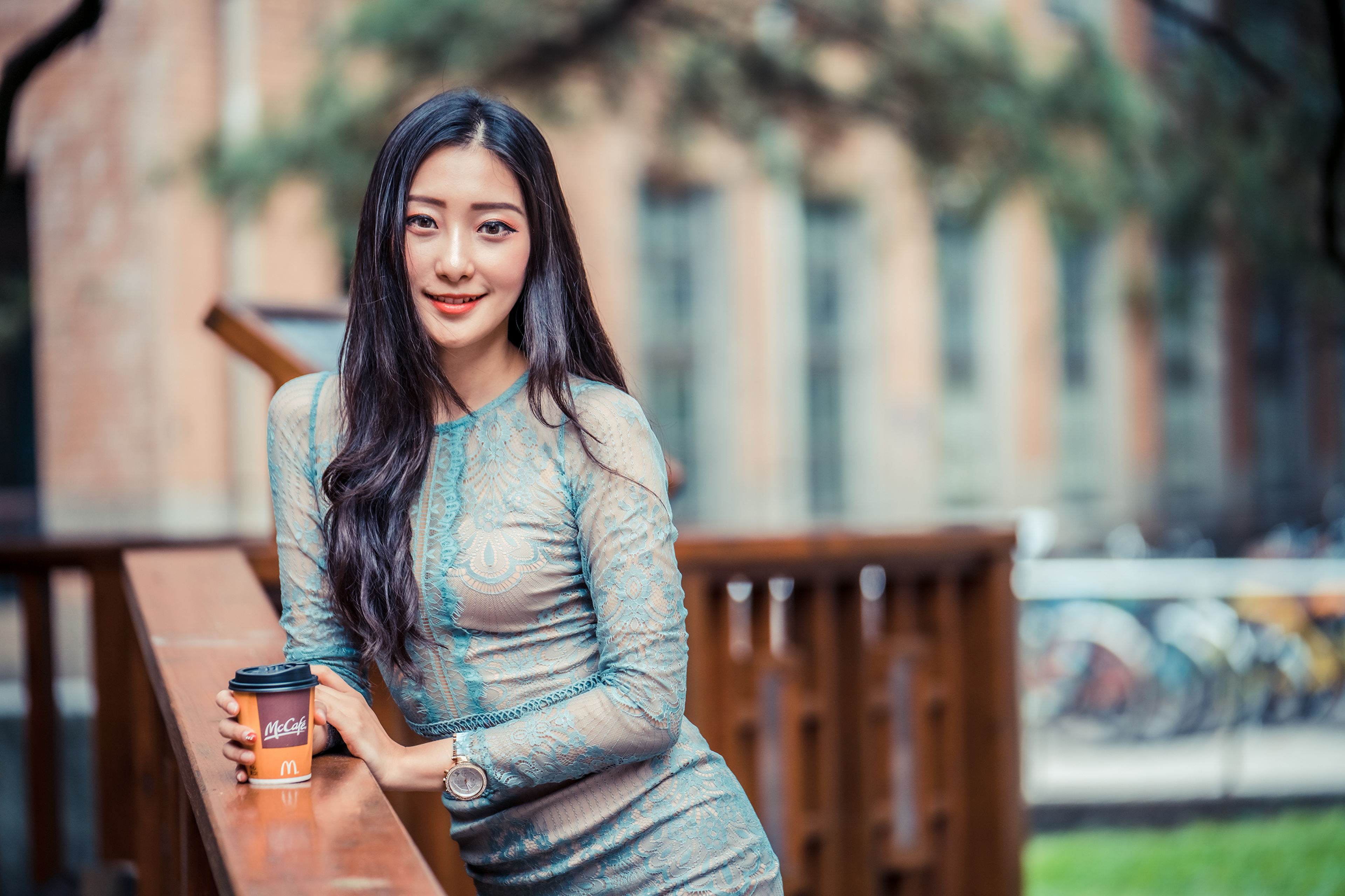 Asian Model Women Long Hair Brunette Depth Of Field Trees House Railing Coffee Cup Bycicle Grass Wri 3840x2561